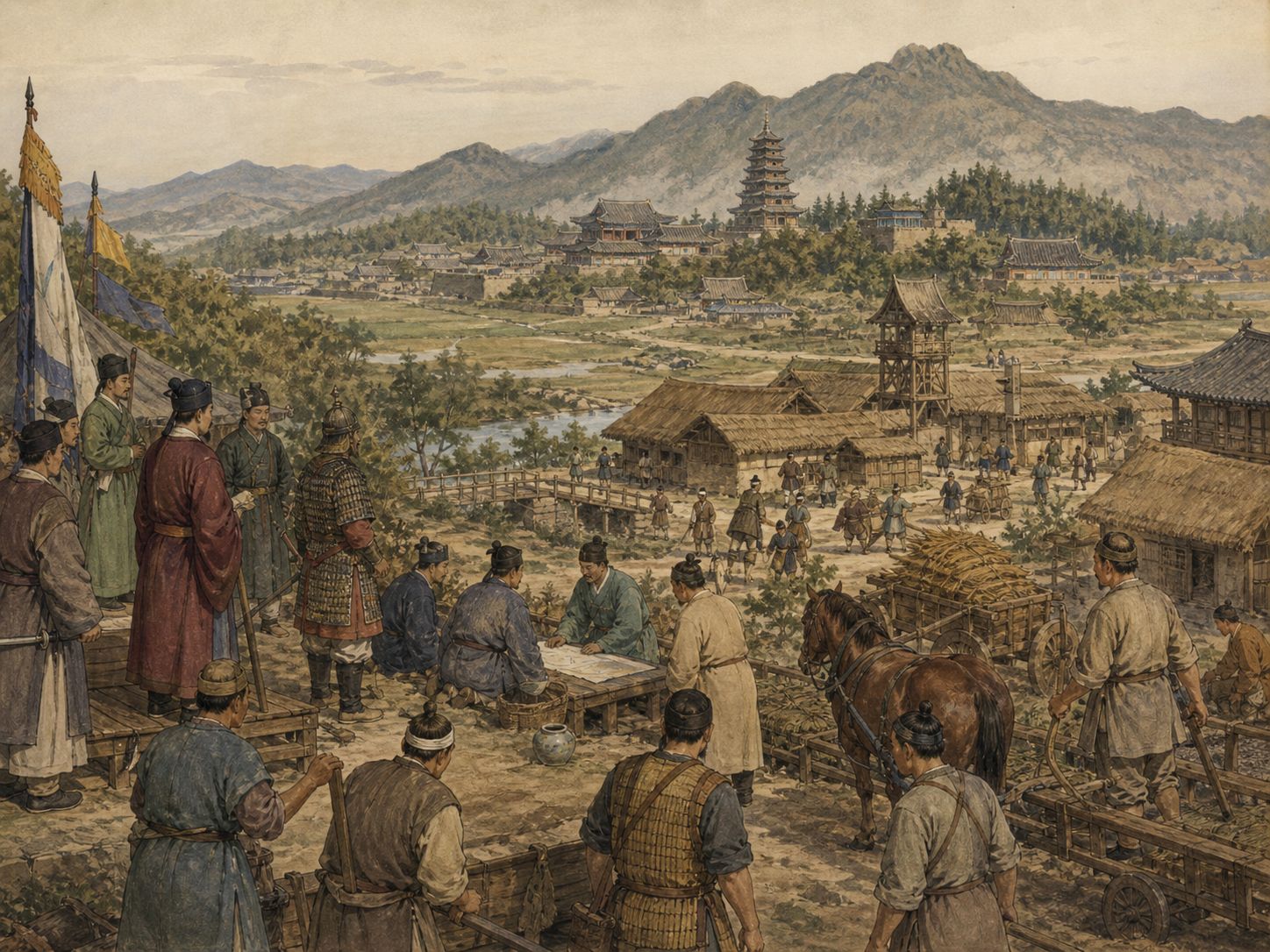 Historical reconstruction of Silla Unification of Korea's background: Goguryeo, Baekje, and Silla competed while Tang policy in the east intervened in peninsula warfare.