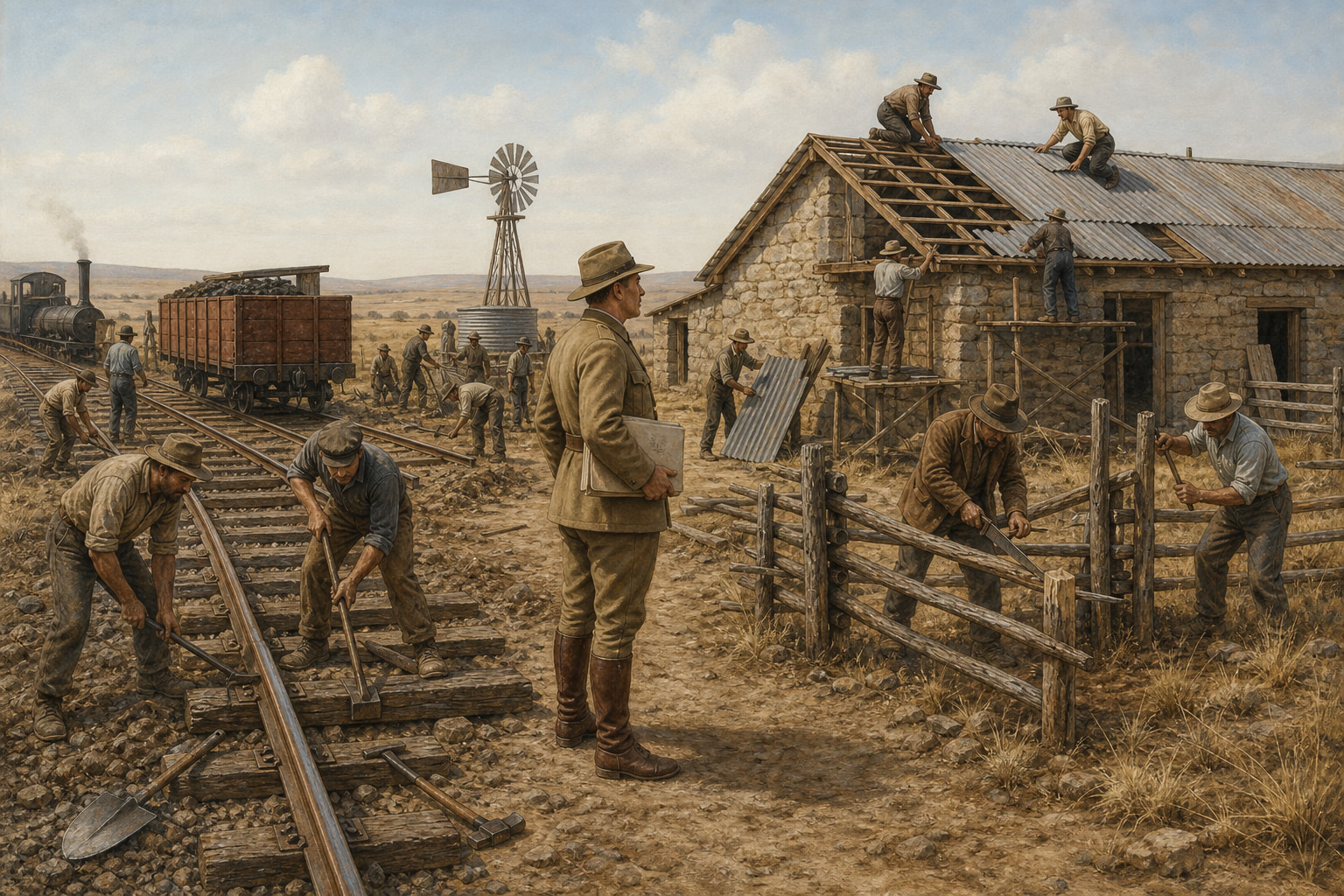 Historical illustration of residents and railway workers repairing track, roof, and fencing under a British administrator, with a steam train and windpump nearby