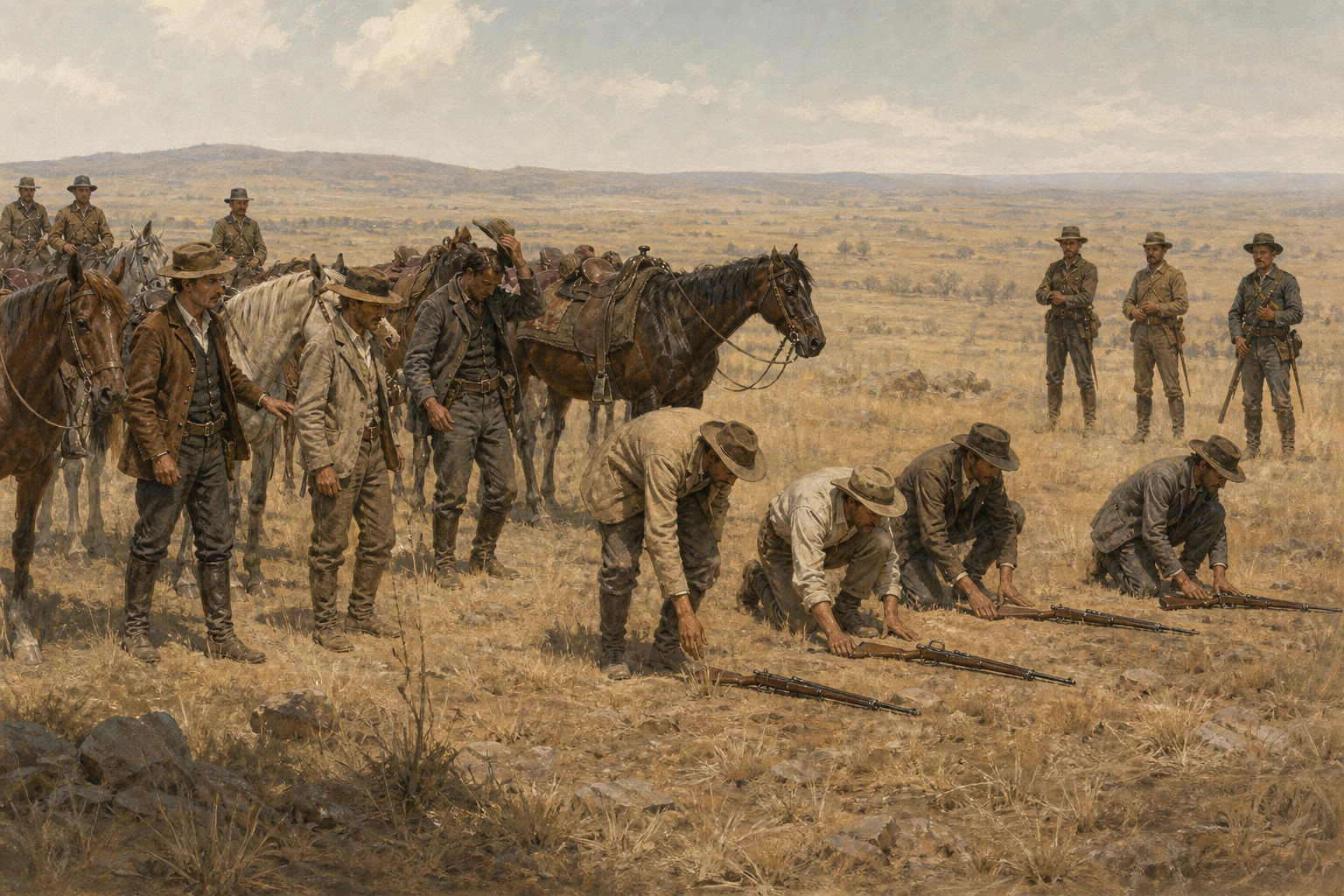 Historical illustration of mounted and dismounted Jameson raiders in civilian field clothes placing carbines on the highveld ground before a few guards