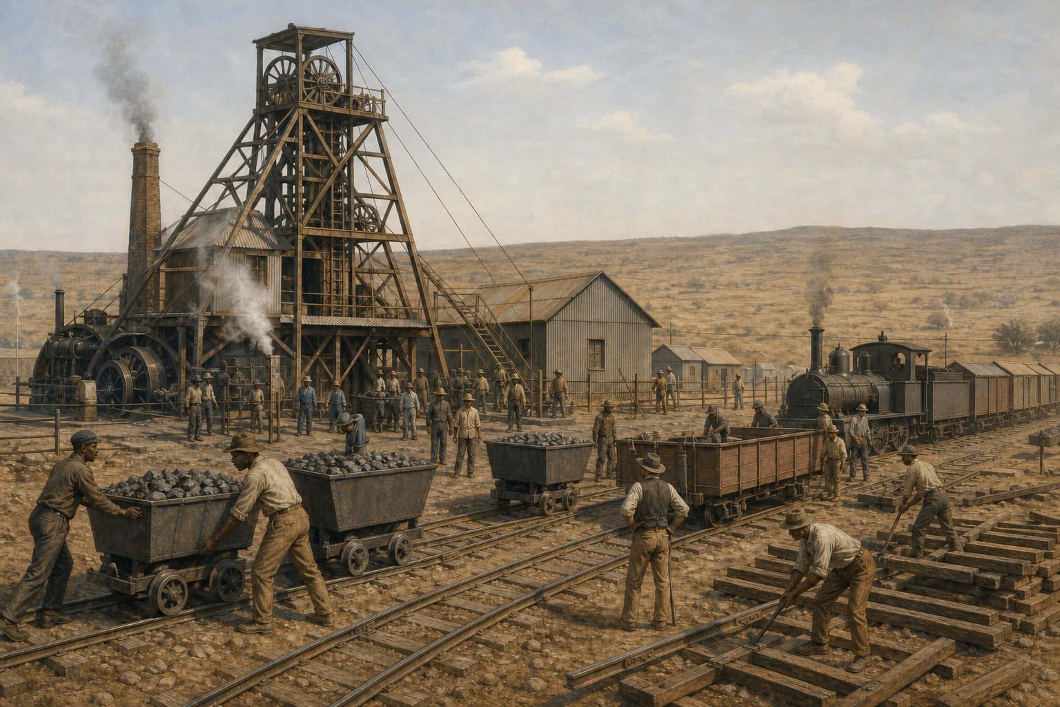 Late-nineteenth-century industrial landscape with Black mine and rail workers among winding gear, ore carts, and an unmarked steam locomotive and wagons