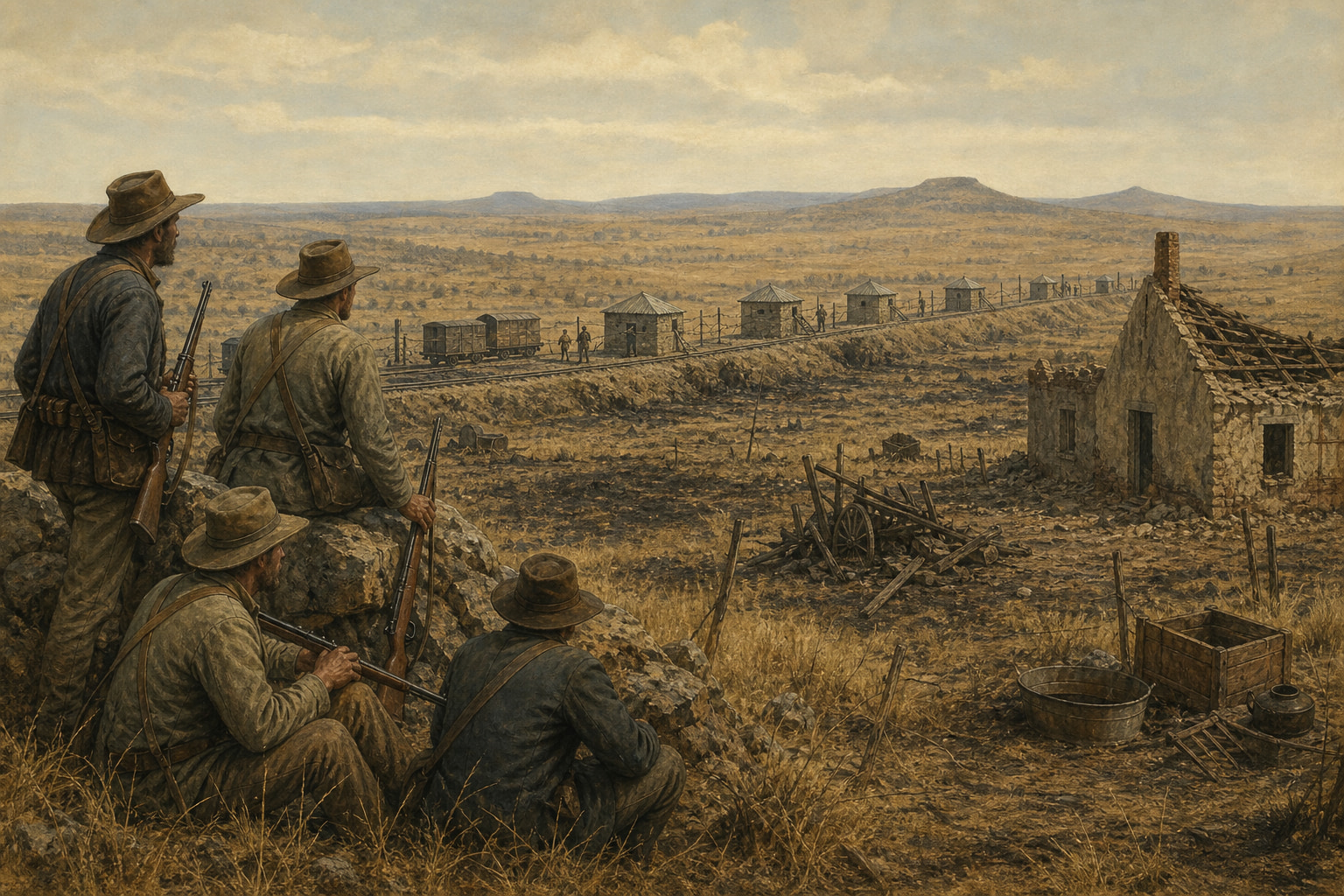 Historical illustration of four Boer guerrillas on a rocky rise observing blockhouses, barbed wire, a railway, and a damaged farm