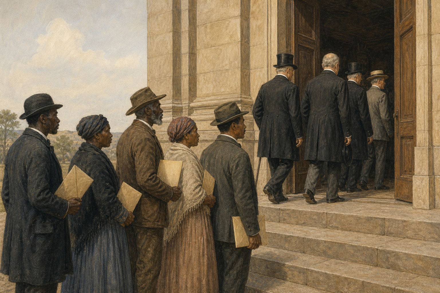 Historical illustration of Black petitioners and citizens holding blank packets outside a stone entrance while white male politicians enter