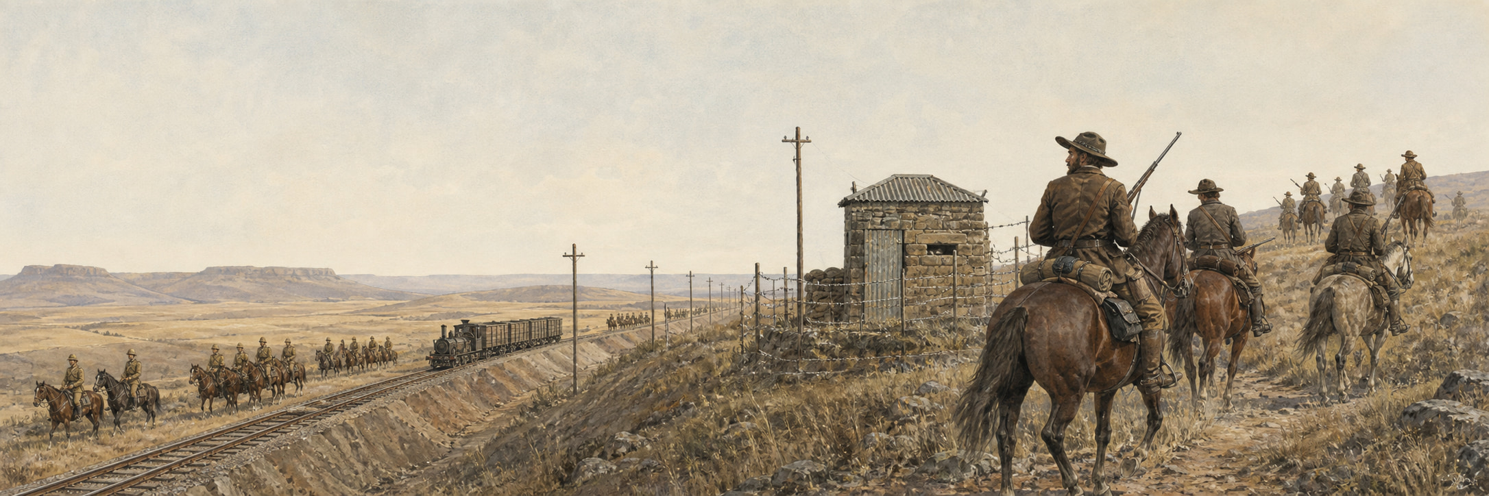 Historical illustration of Boer commandos and British mounted troops moving on separate depth planes around a rail cutting and blockhouse on the dry highveld in 1901