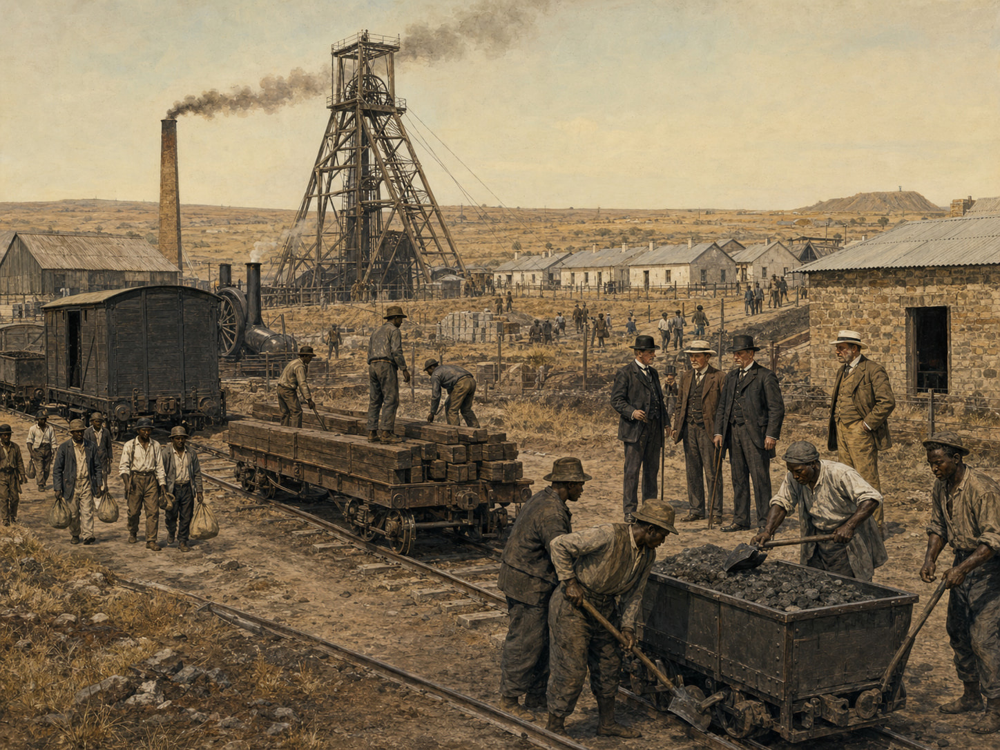 Historical illustration of an 1890s Witwatersrand mine and rail yard where Black laborers handle ore and materials under the gaze of white investors and supervisors