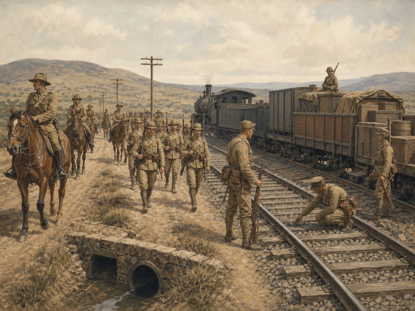 Historical illustration of khaki-clad British infantry and mounted scouts escorting a steam freight train while checking the track and culvert along a South African railway