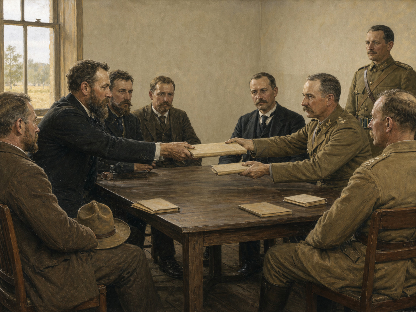 Historical illustration of Boer and British delegates exchanging closed blank document packets across a wooden table in a modest meeting room