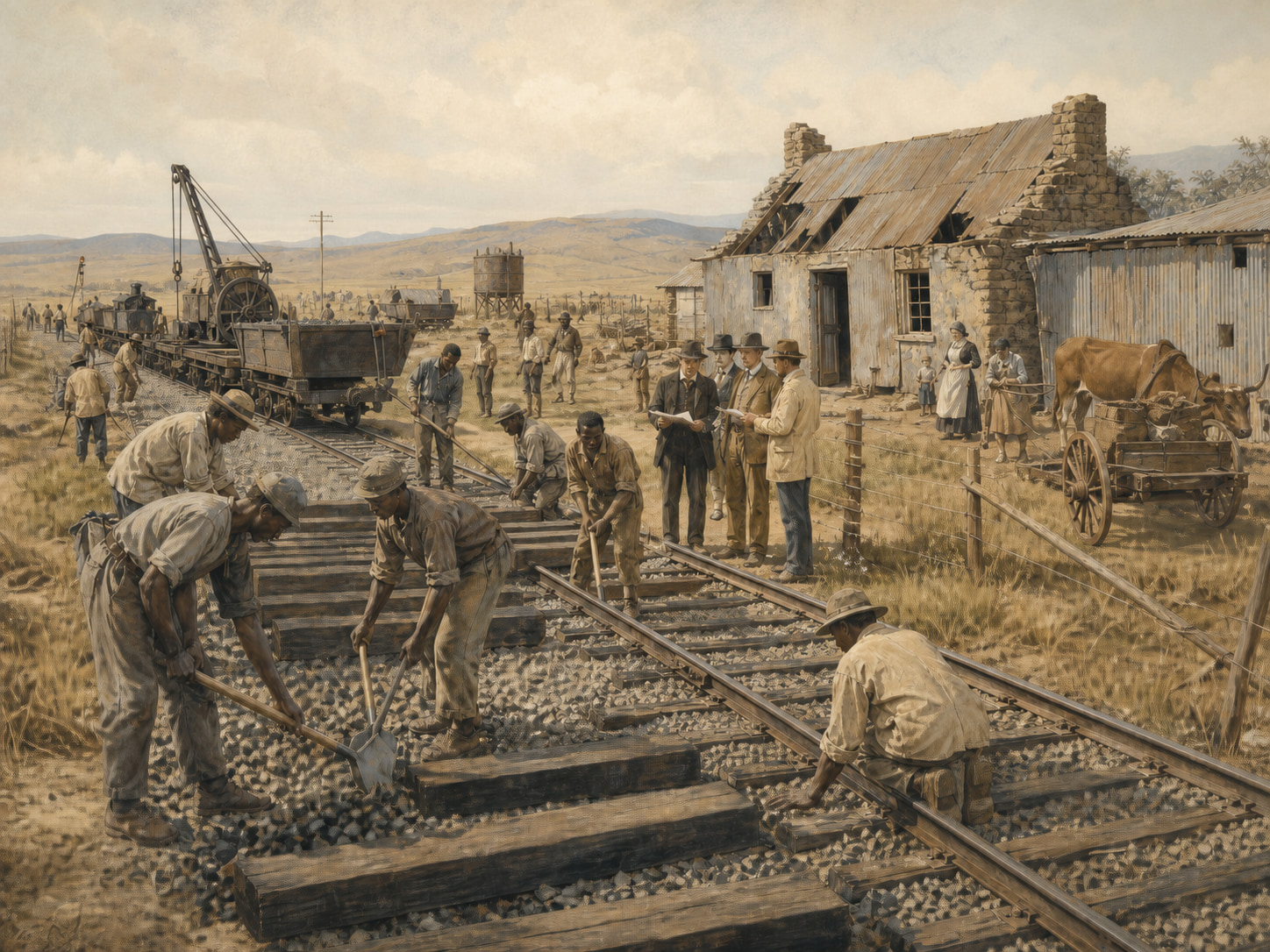 Historical illustration of Black laborers repairing track under white supervisors beside a damaged farm, with a family and ox cart nearby, during postwar reconstruction