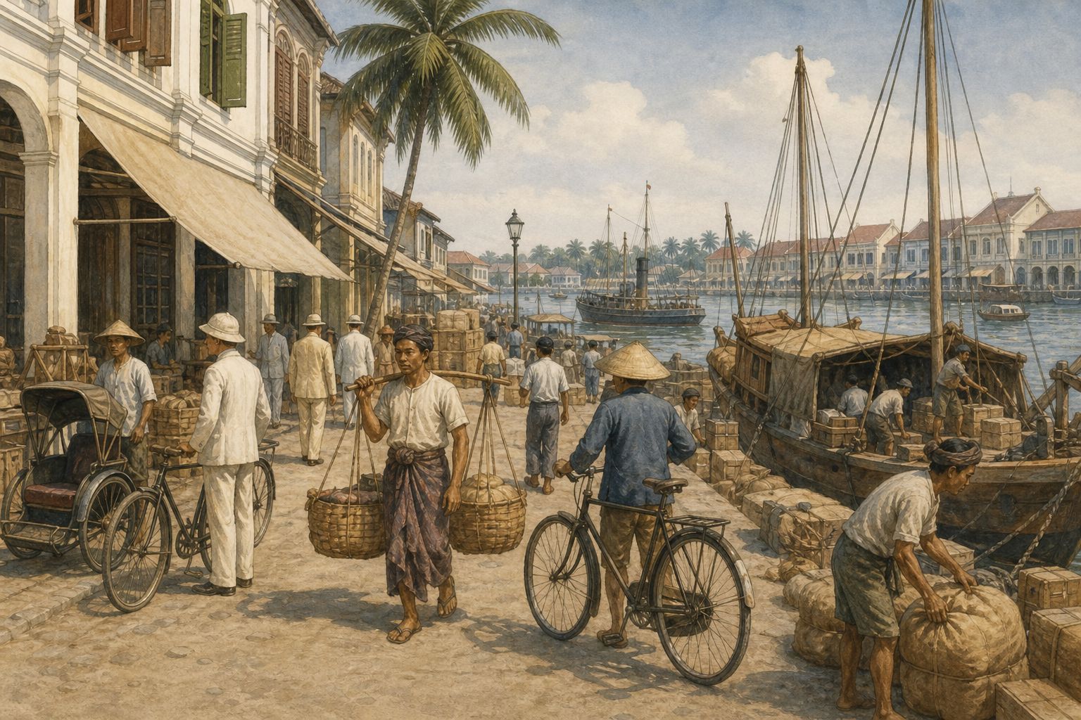 Bicycles, carts, and ships move through a colonial port where commerce and labor meet