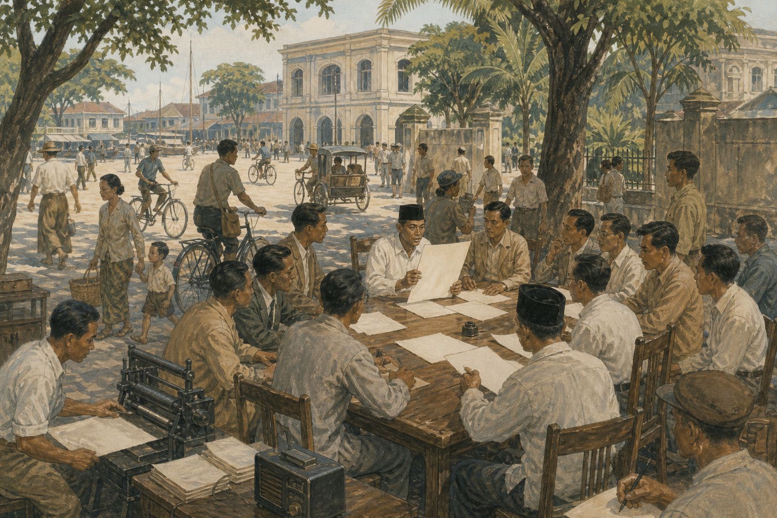 People read an independence document beneath trees beside a press and radio