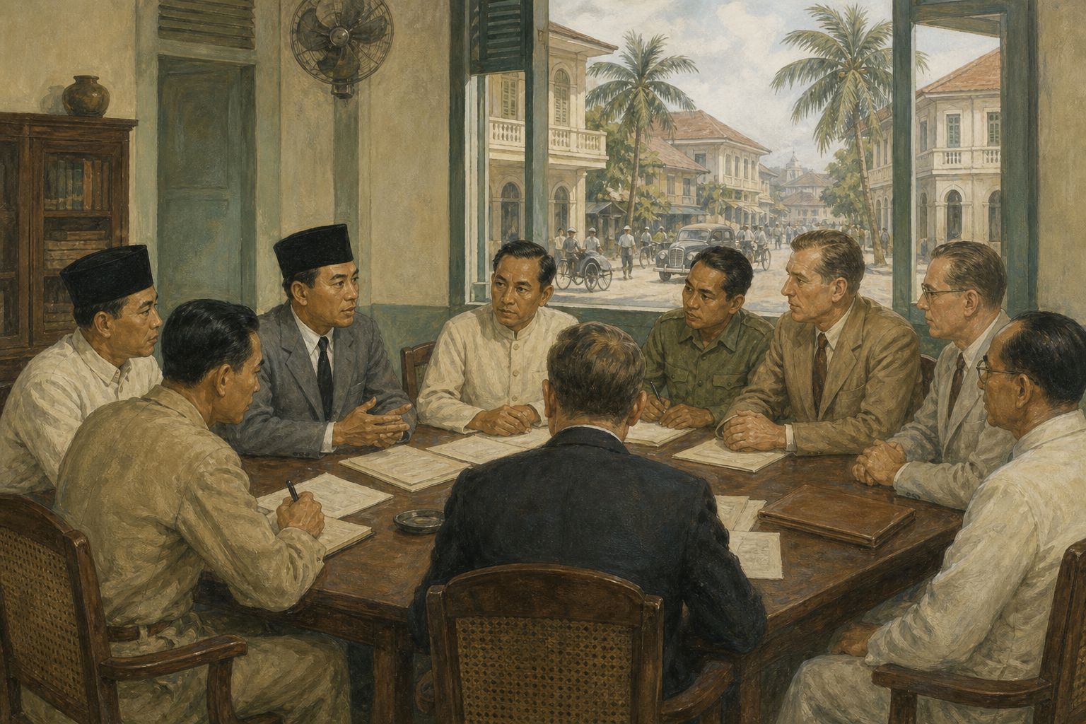Delegates discuss terms of independence and a ceasefire in a port building