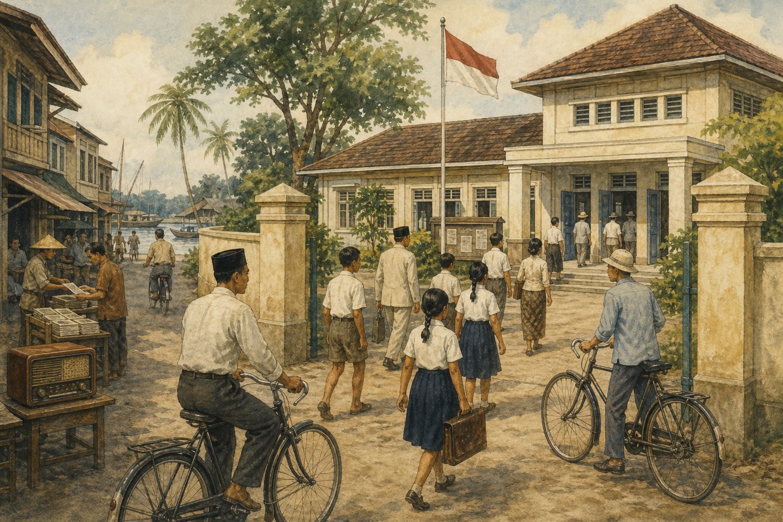 Students and residents enter a self-government building beneath a national flag