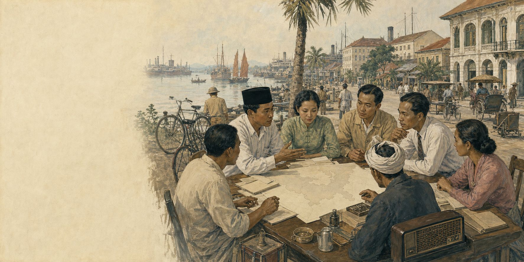 People study a map at a Southeast Asian port while discussing paths to independence and self-government