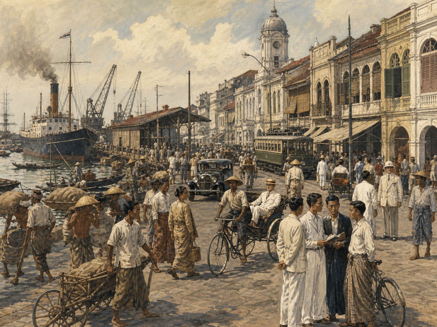 Merchants, workers, and officials cross paths in the market of a colonial port