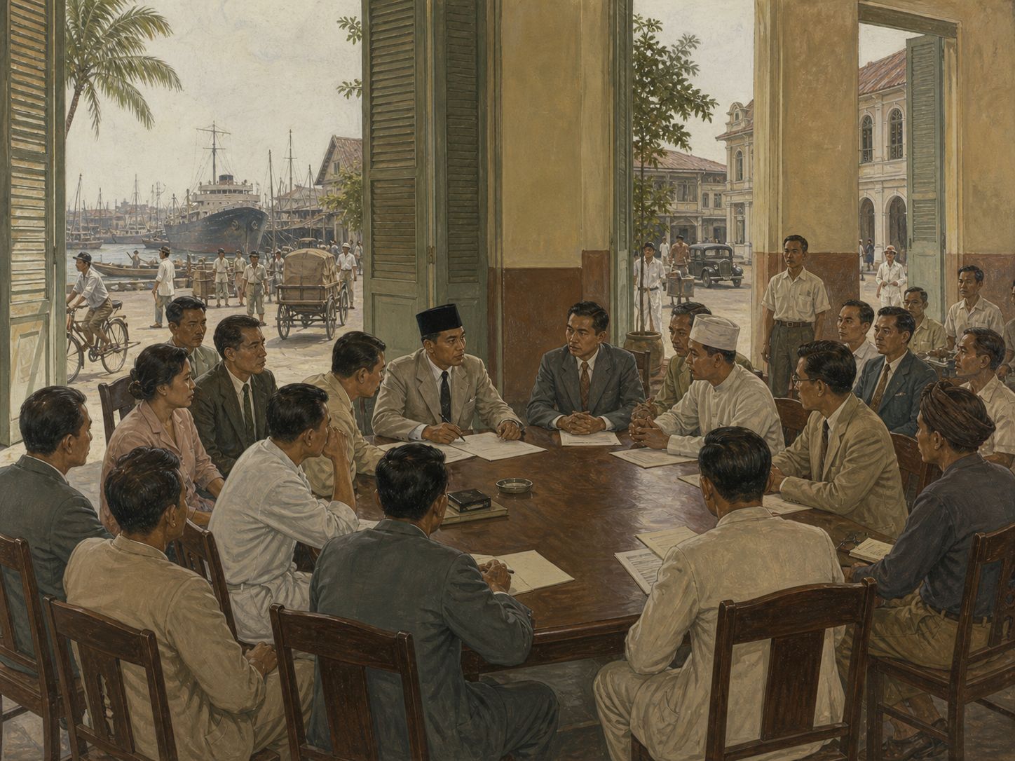 Representatives of a new government and society meet in a building overlooking the harbor