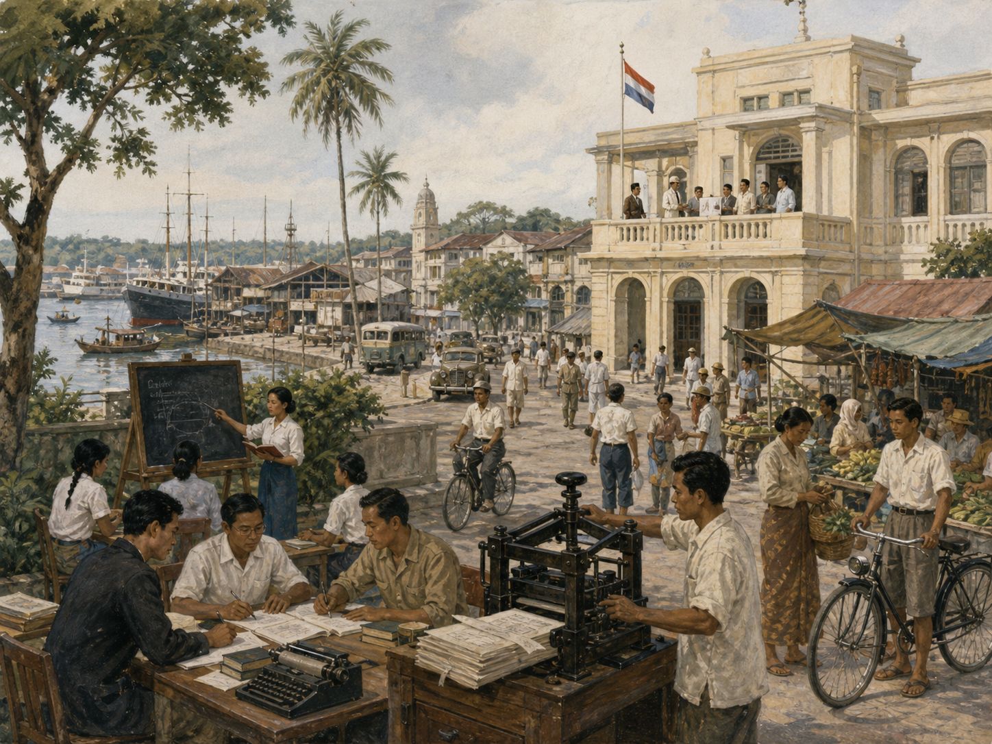 Citizens organize schools, offices, and markets beneath a new national flag