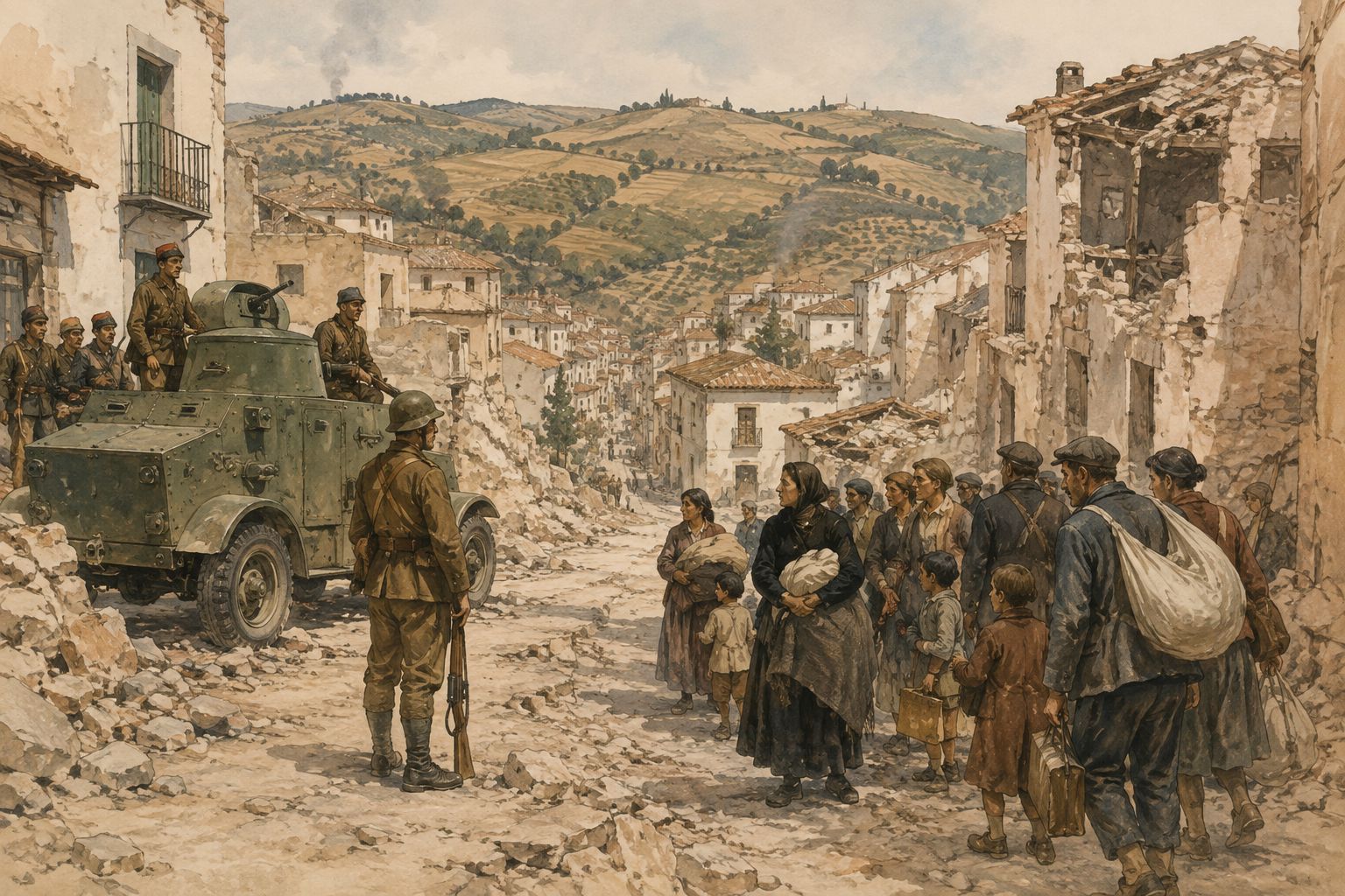 Displaced families and soldiers move through a damaged Spanish town