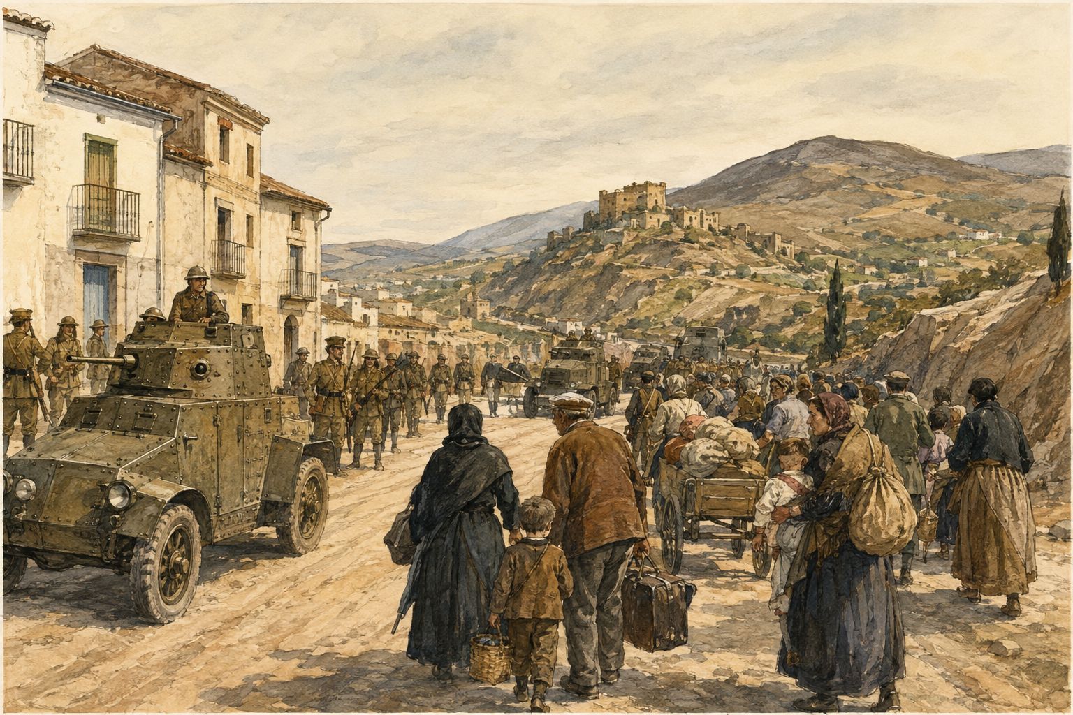 Civilians carrying belongings move toward a hill town beside an armored vehicle