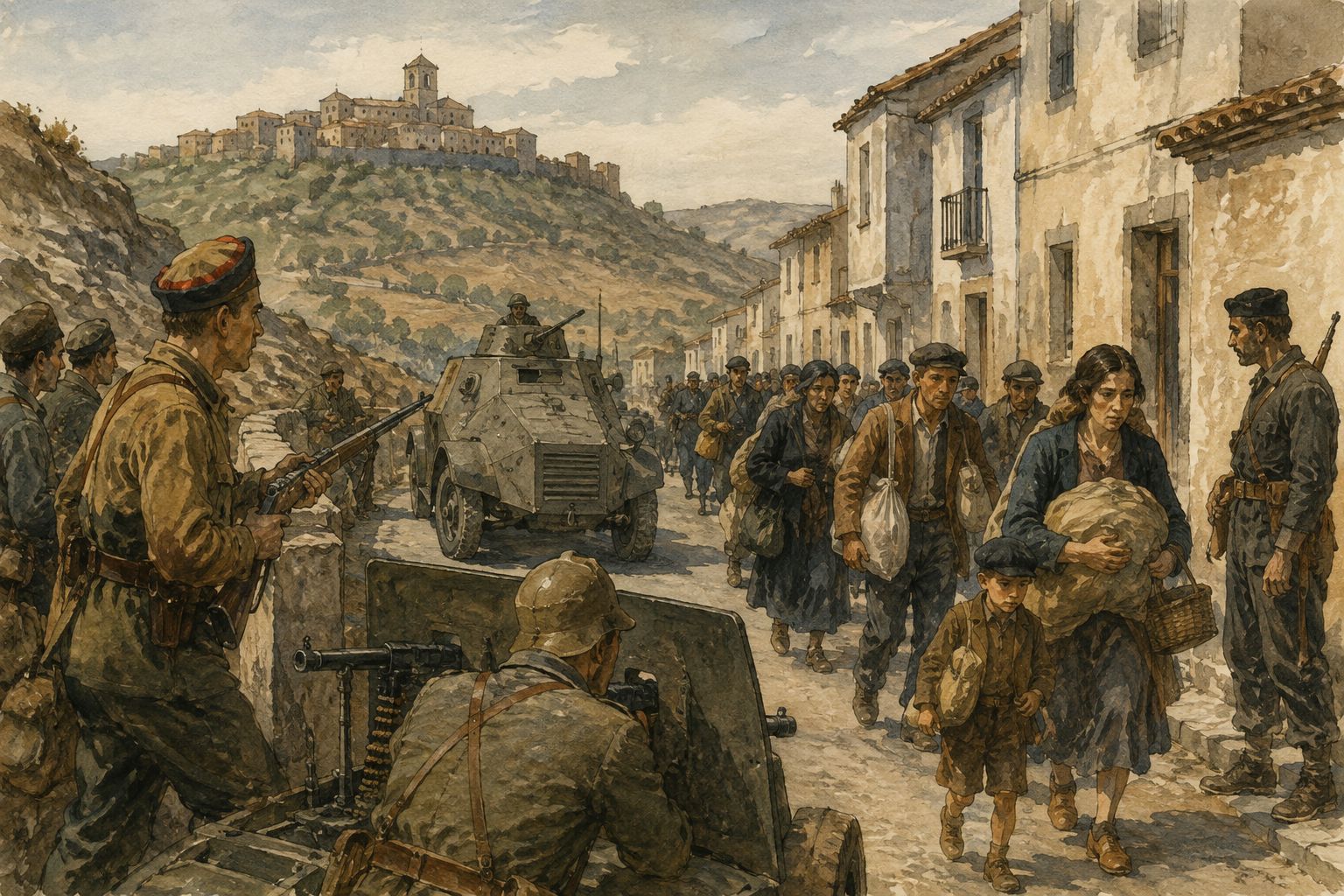 Soldiers and civilians face one another around an armored vehicle in a Spanish town