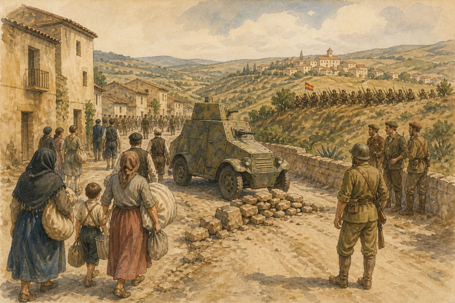 An armored vehicle and residents meet in a Spanish street before the civil war