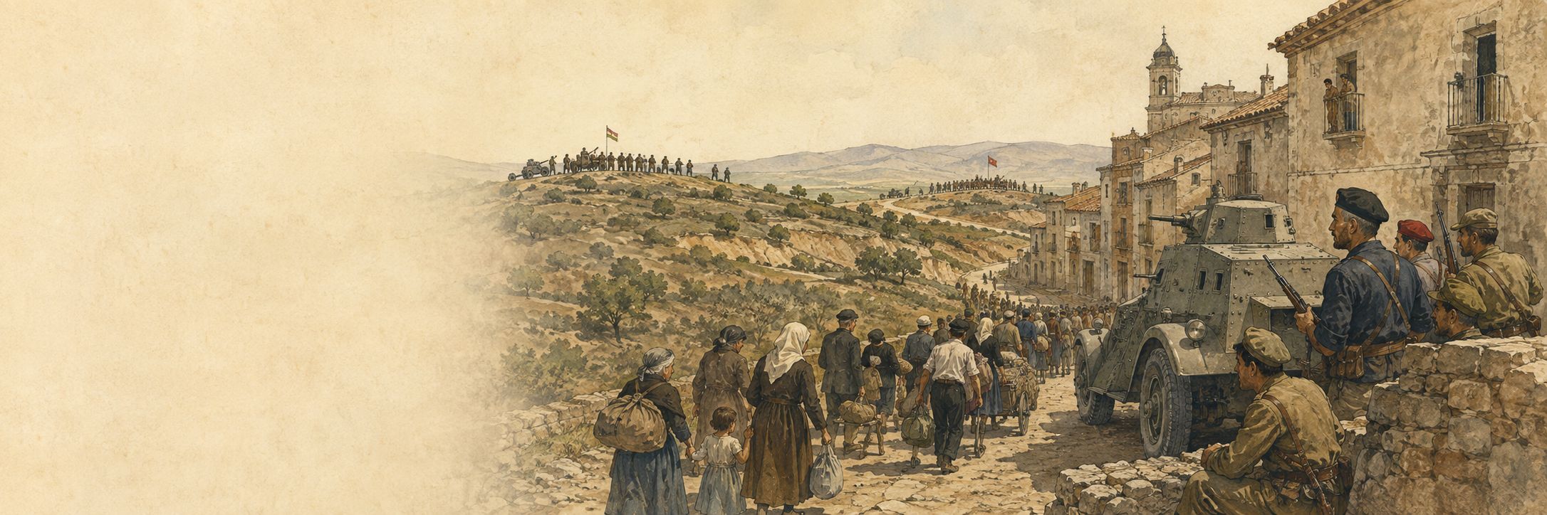 A civil-war scene of armored vehicles and civilians facing one another in Spanish streets and hills