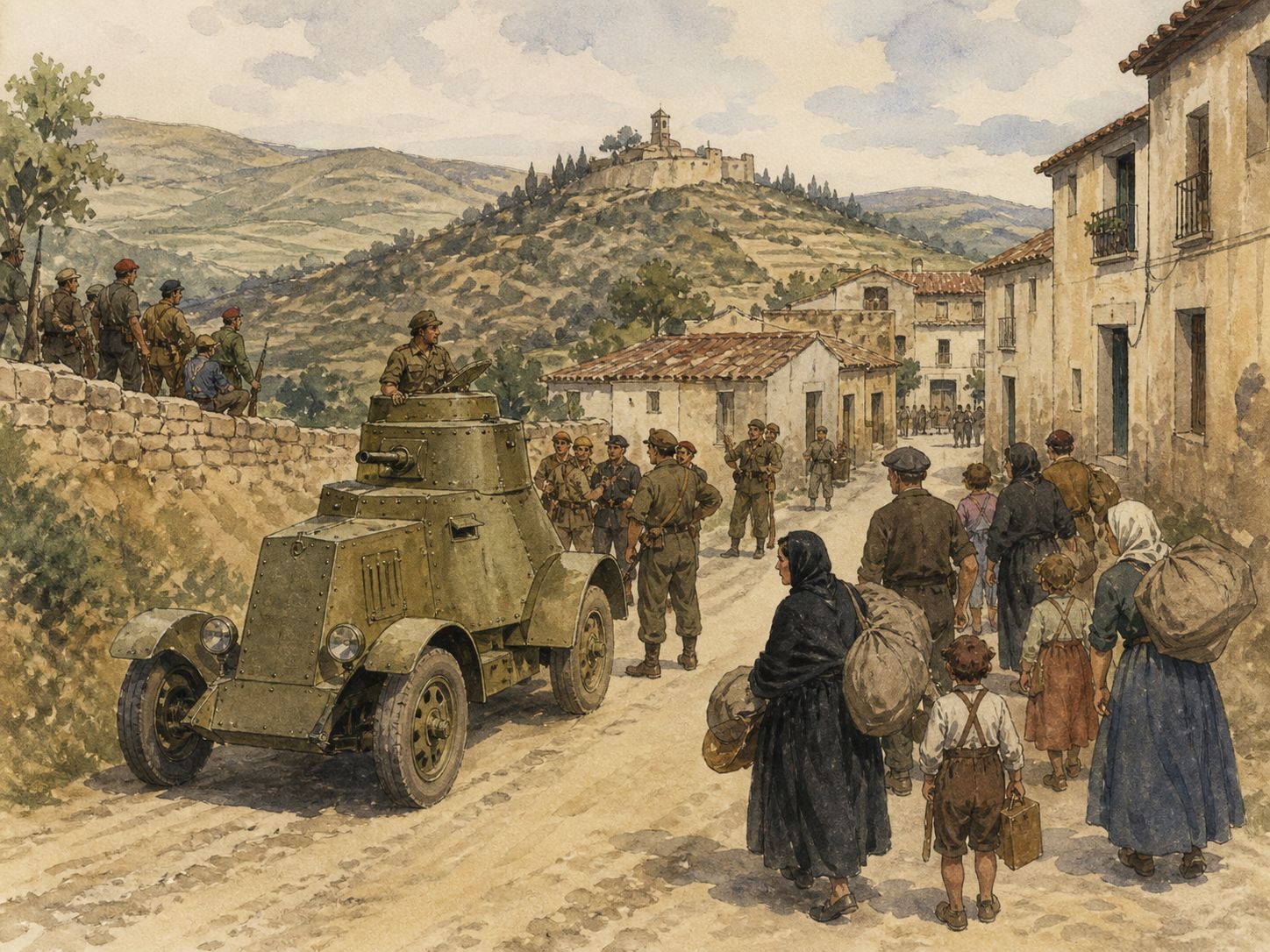 Civilians evacuate beside an armored vehicle in a Spanish village