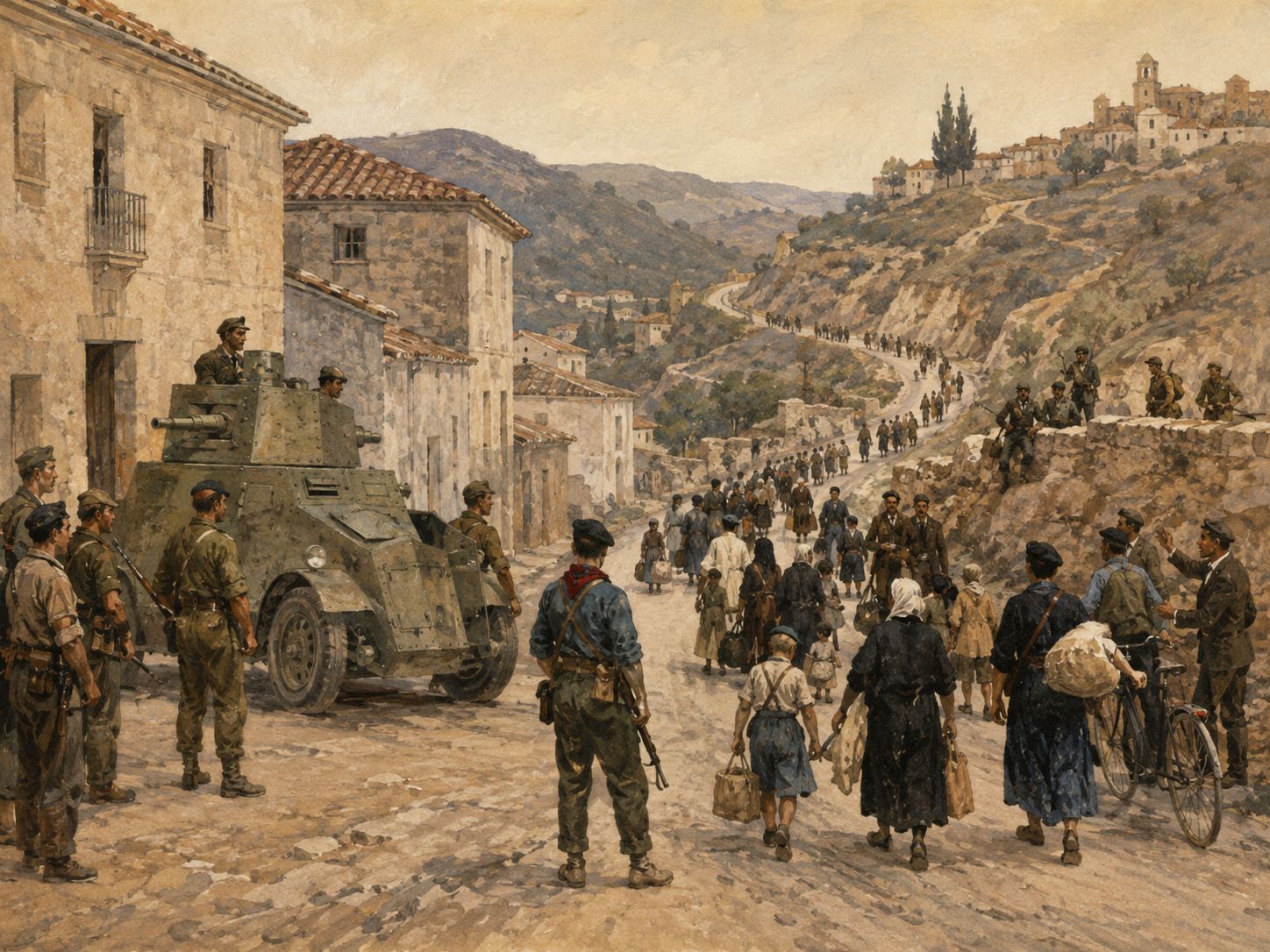 Soldiers and residents gather in a Spanish street before an armored vehicle