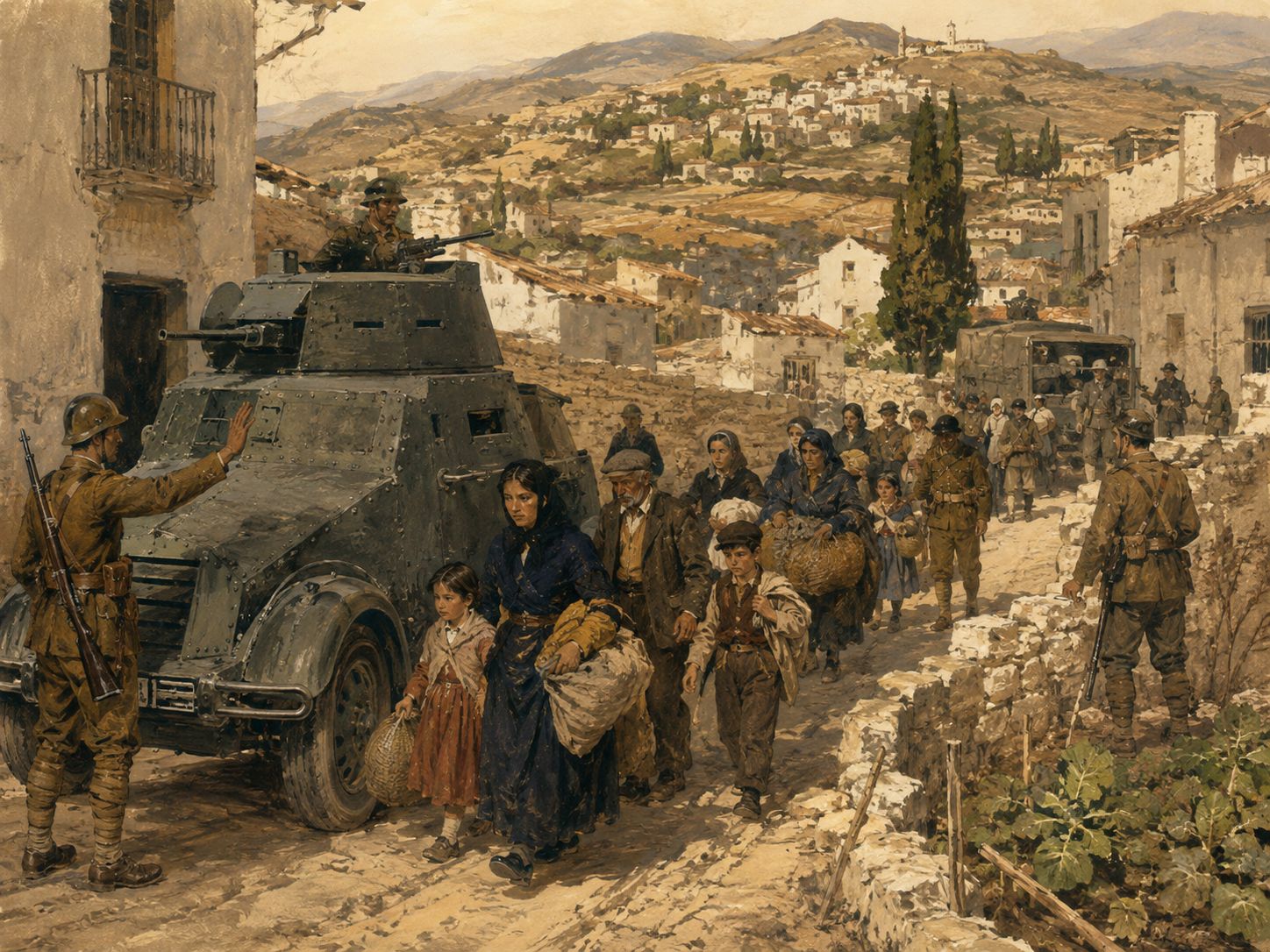 Civilians leave a hill town as soldiers watch over the road