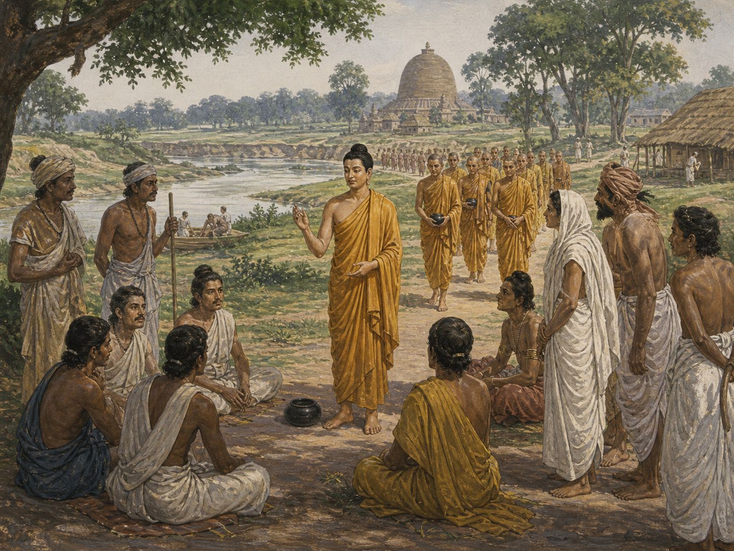 Historical reconstruction of Formation and Spread of Buddhism's central action: The Buddha’s teaching was preserved through disciplined communities and preaching, while Ashokan inscriptions and missions later supported wider transmission.