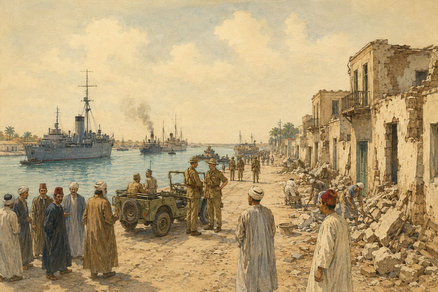 Soldiers and residents move toward recovery before damaged buildings along the Suez Canal