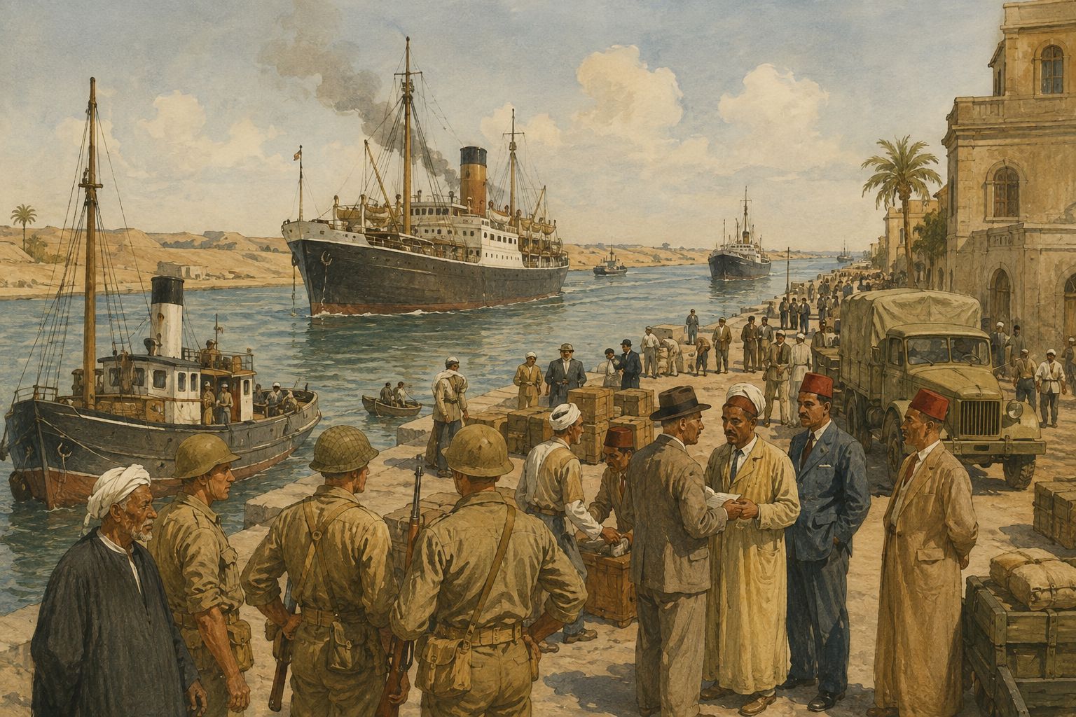Residents and soldiers discuss plans before ships on the bank of the Suez Canal