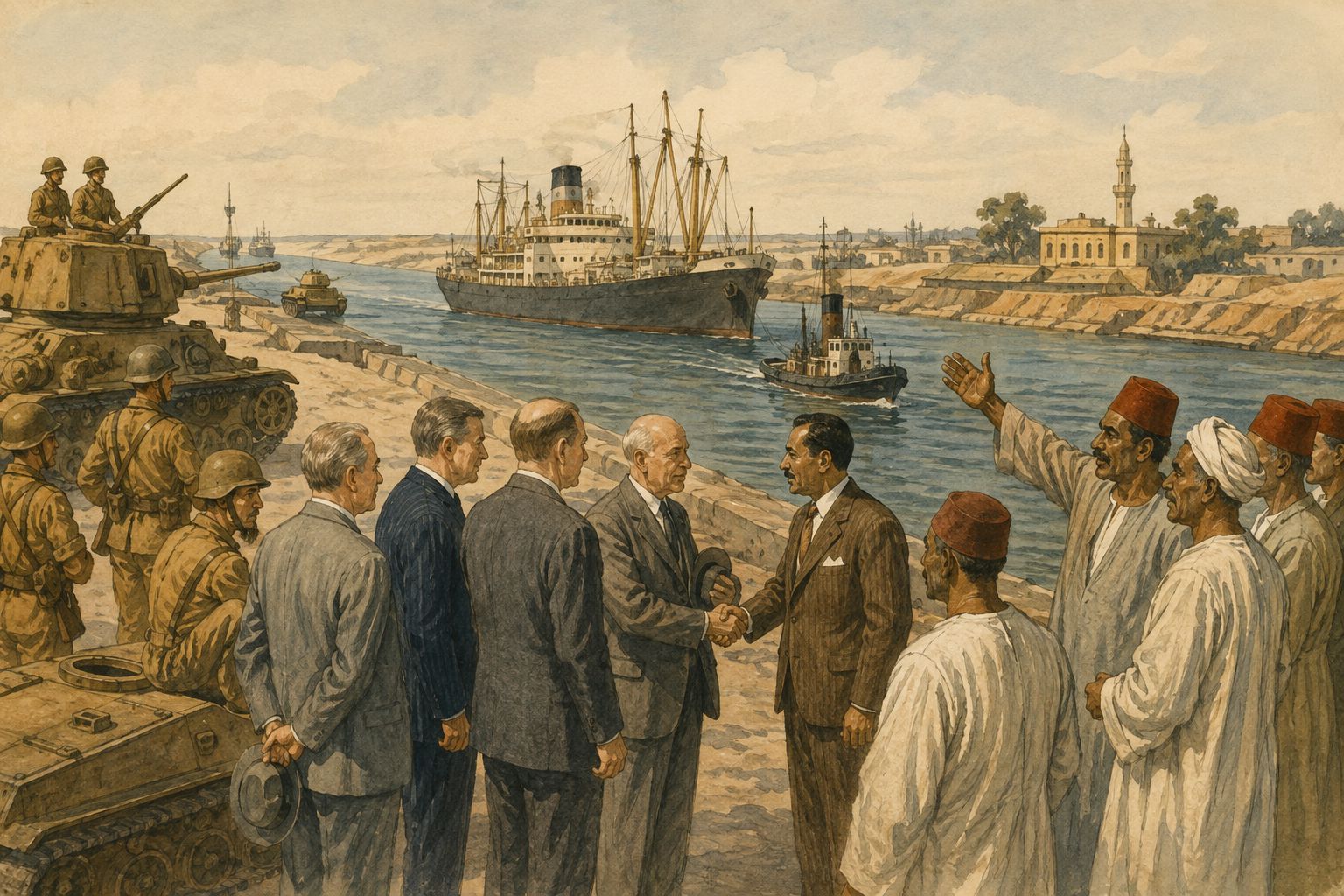 Soldiers and residents gather around a map beneath the Egyptian flag on the canal bank