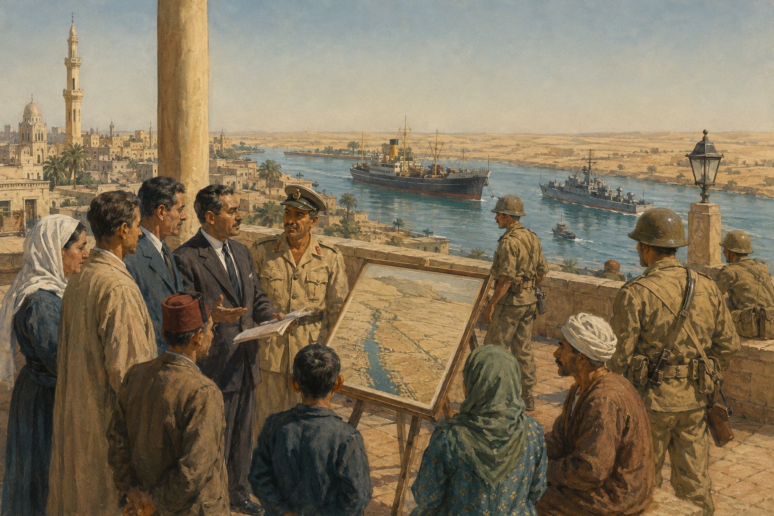 Soldiers and residents watch ships depart into a new era beside the Suez Canal