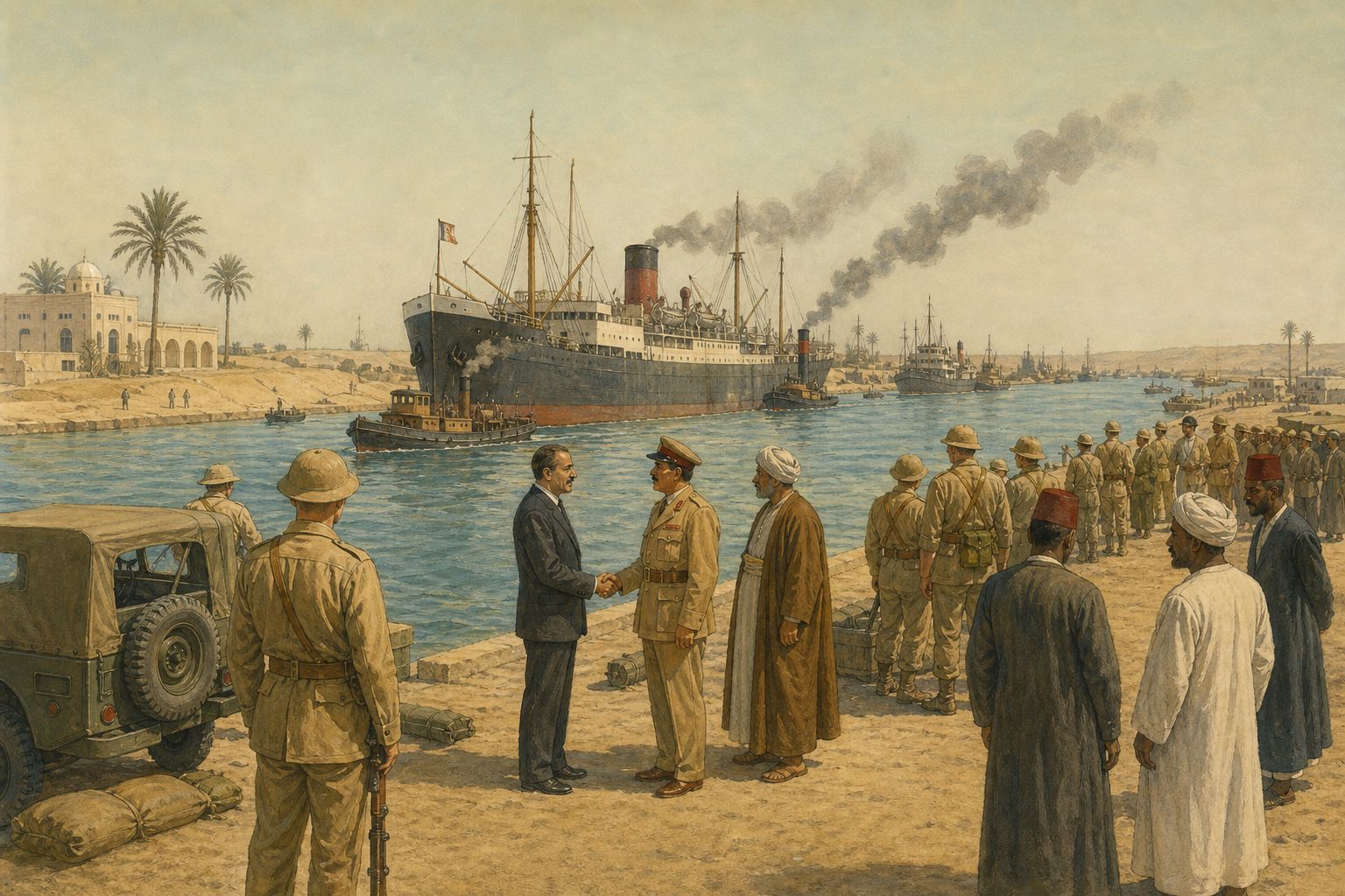 Residents, ships, and carts moving through a canal town in Egypt