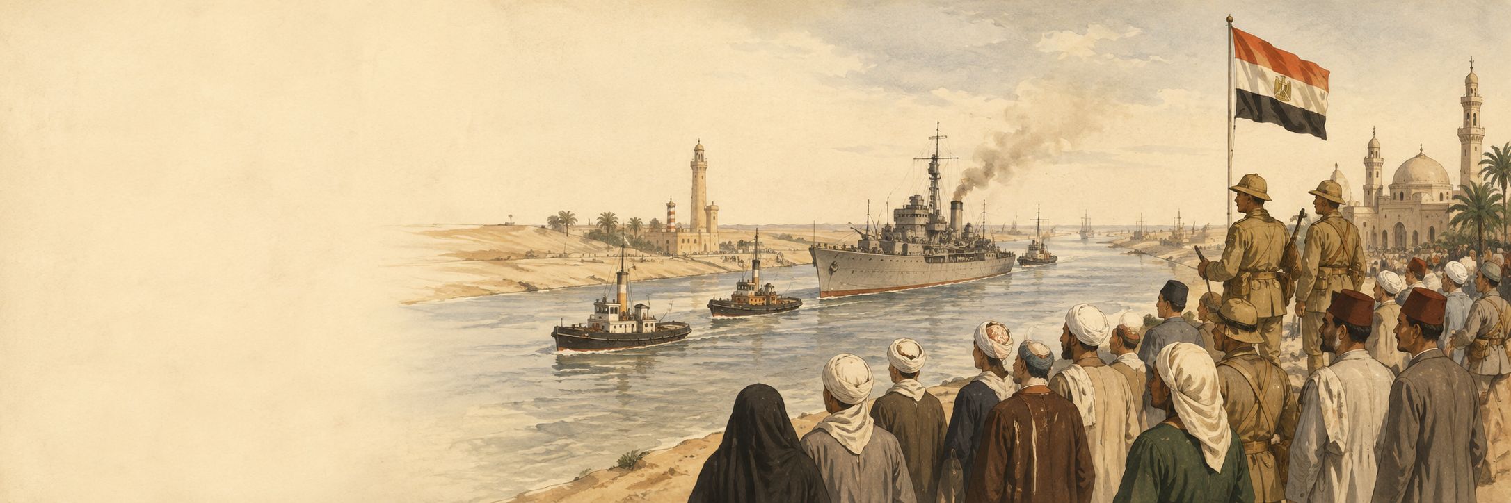 A wide chapter opener of Egyptian residents watching 1950s soldiers and ships along the Suez Canal, with pale space on the left