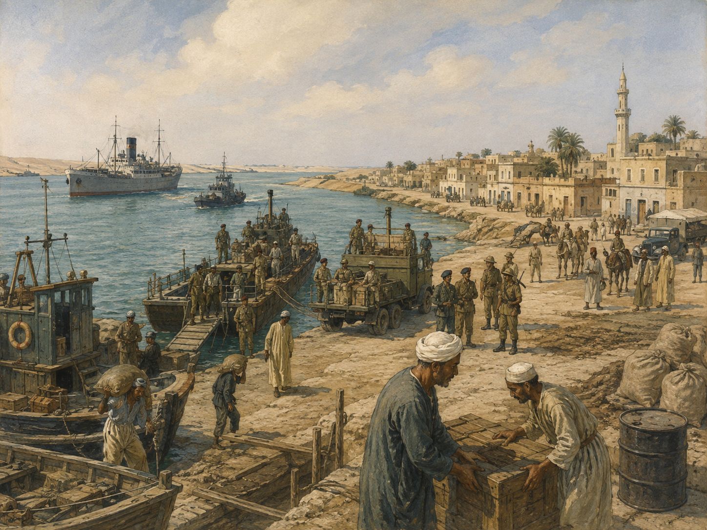 Residents, cargo, and military vehicles moving through a 1950s Egyptian canal port
