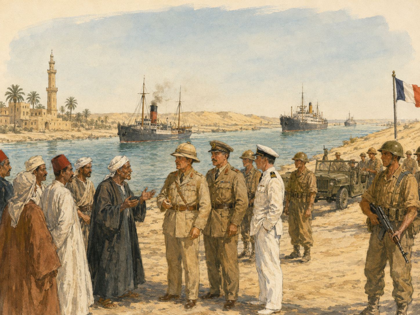 Egyptian residents and soldiers meeting beside the Suez Canal as a convoy moves behind them