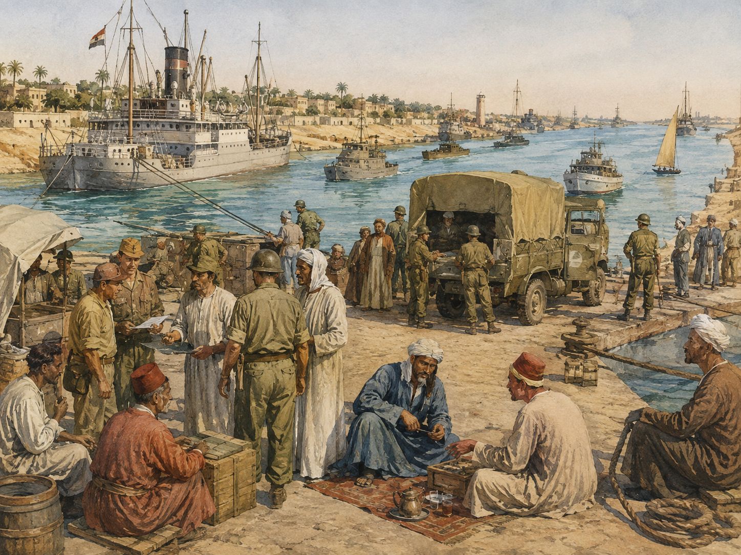 Soldiers and residents watching ships and a new order beneath the Egyptian flag beside the canal