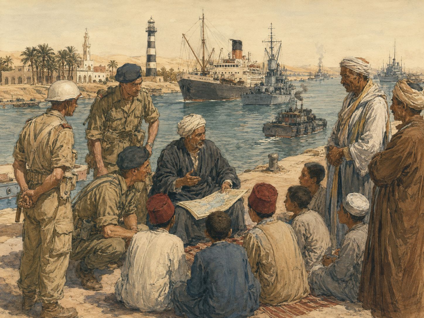 A religious teacher and residents study a map beside the canal as soldiers and ships carry the era into memory