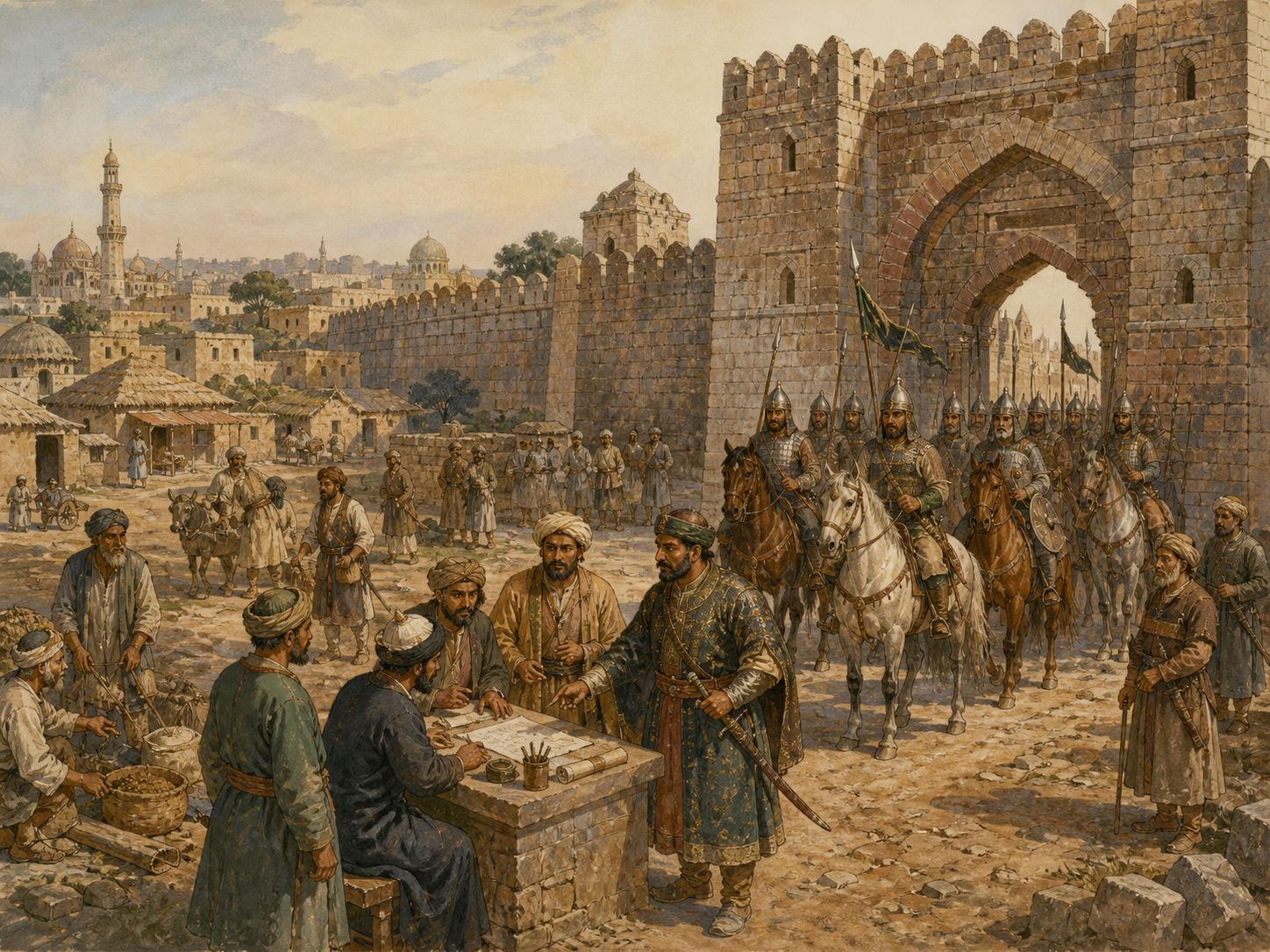 Historical reconstruction of Foundation of the Delhi Sultanate's background: In and around Delhi, the setting took shape as After Muhammad of Ghor’s death, Qutb al-Din Aibak established an independent regime in northern India and began the Mamluk dynasty.