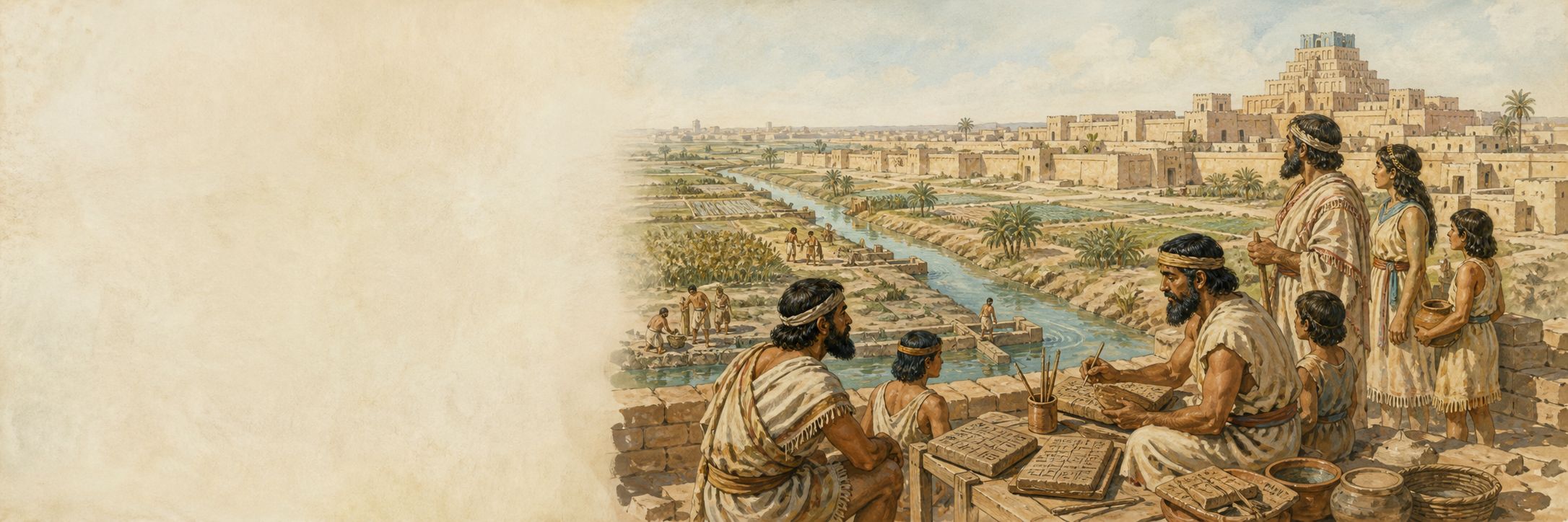 A historical reconstruction of cities, technology, and culture at southern Mesopotamia, showing the setting of Rise of Sumerian Urban Civilization