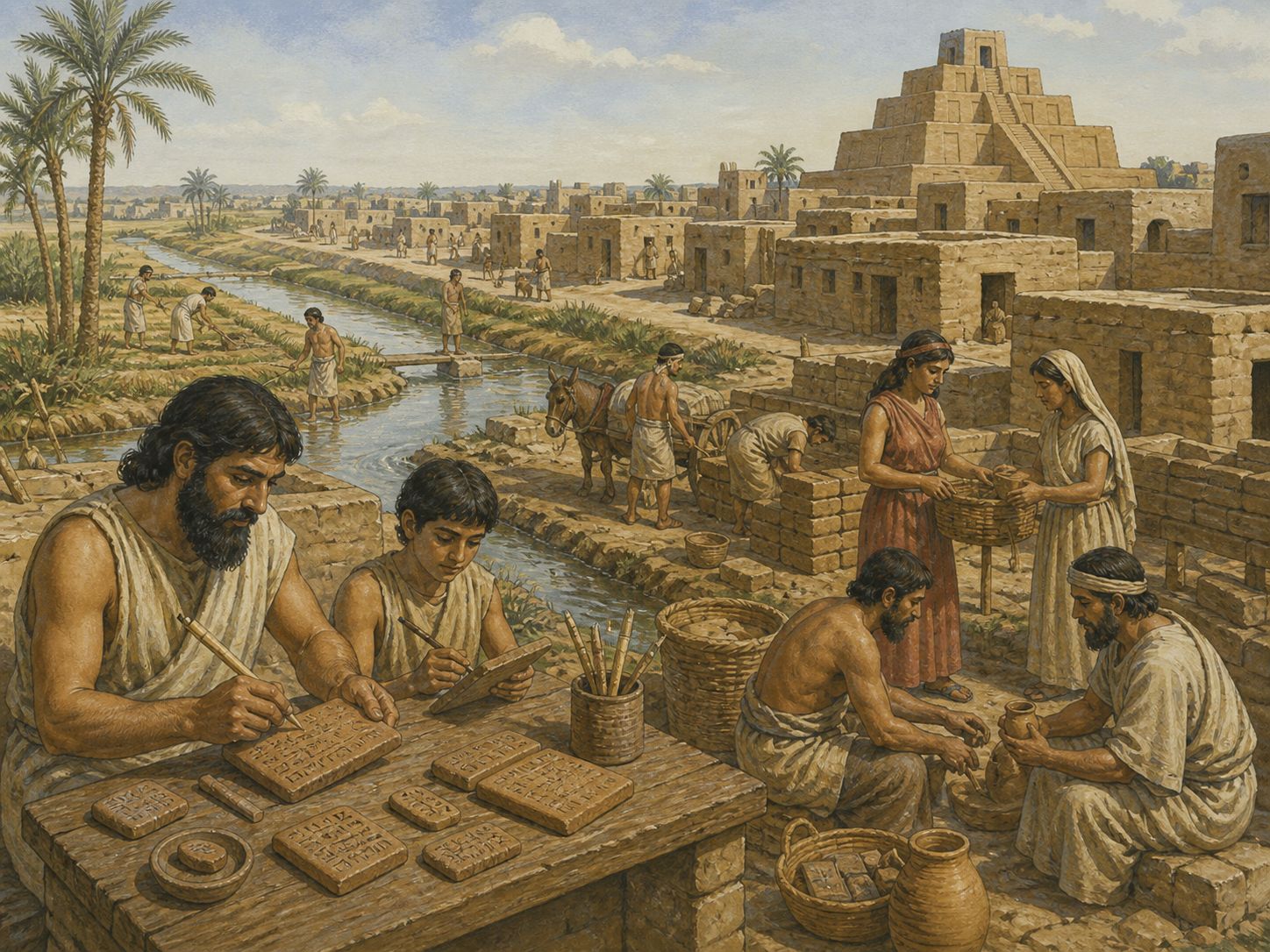 Historical reconstruction of Rise of Sumerian Urban Civilization's background: In and around southern Mesopotamia, the setting took shape as Cities, temples, cuneiform writing, and irrigation-based institutions developed in southern Mesopotamia.