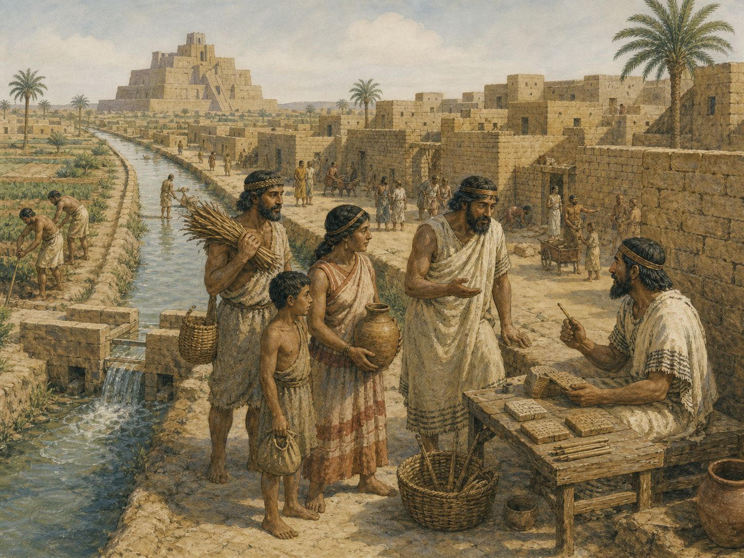 Historical reconstruction of Rise of Sumerian Urban Civilization's central action: Cities, temples, cuneiform writing, and irrigation-based institutions developed in southern Mesopotamia.