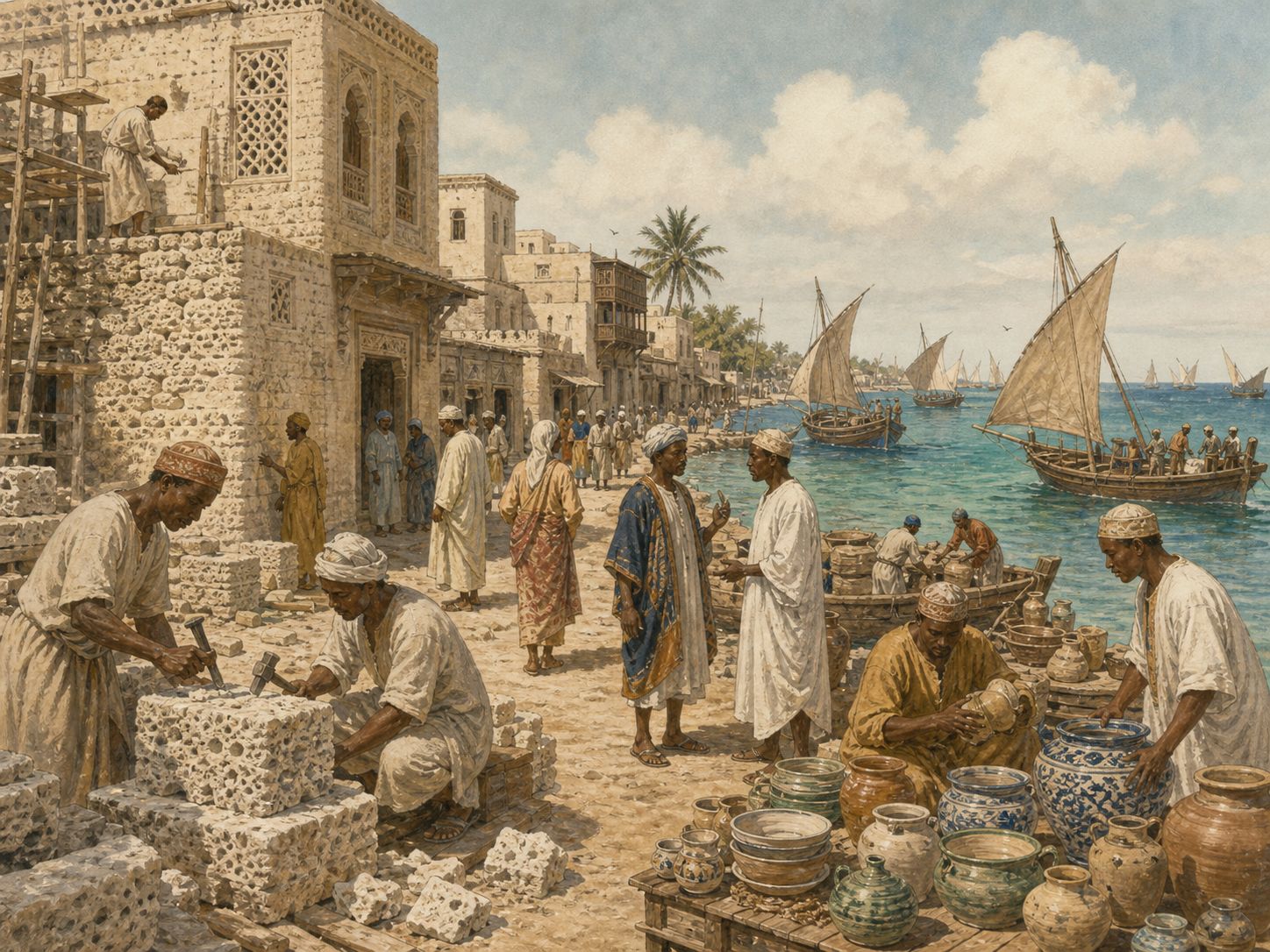 Historical reconstruction of Formation of the Swahili City-State Network's background: In and around the East African coast, the setting took shape as East African port cities used the Indian Ocean monsoon to connect African interiors, Arabia, and India through trade and Islamic culture.