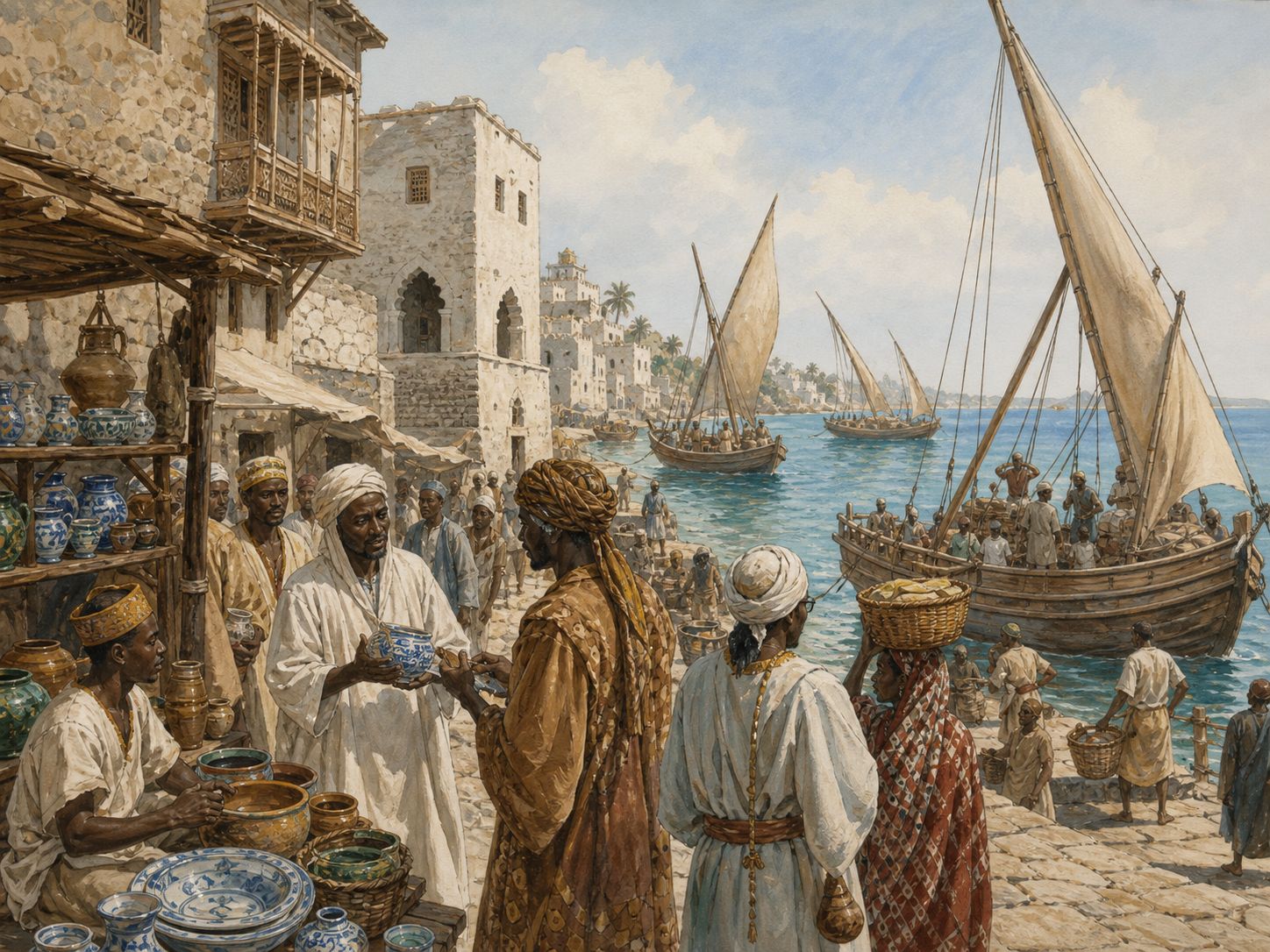 Historical reconstruction of Formation of the Swahili City-State Network's central action: East African port cities used the Indian Ocean monsoon to connect African interiors, Arabia, and India through trade and Islamic culture.
