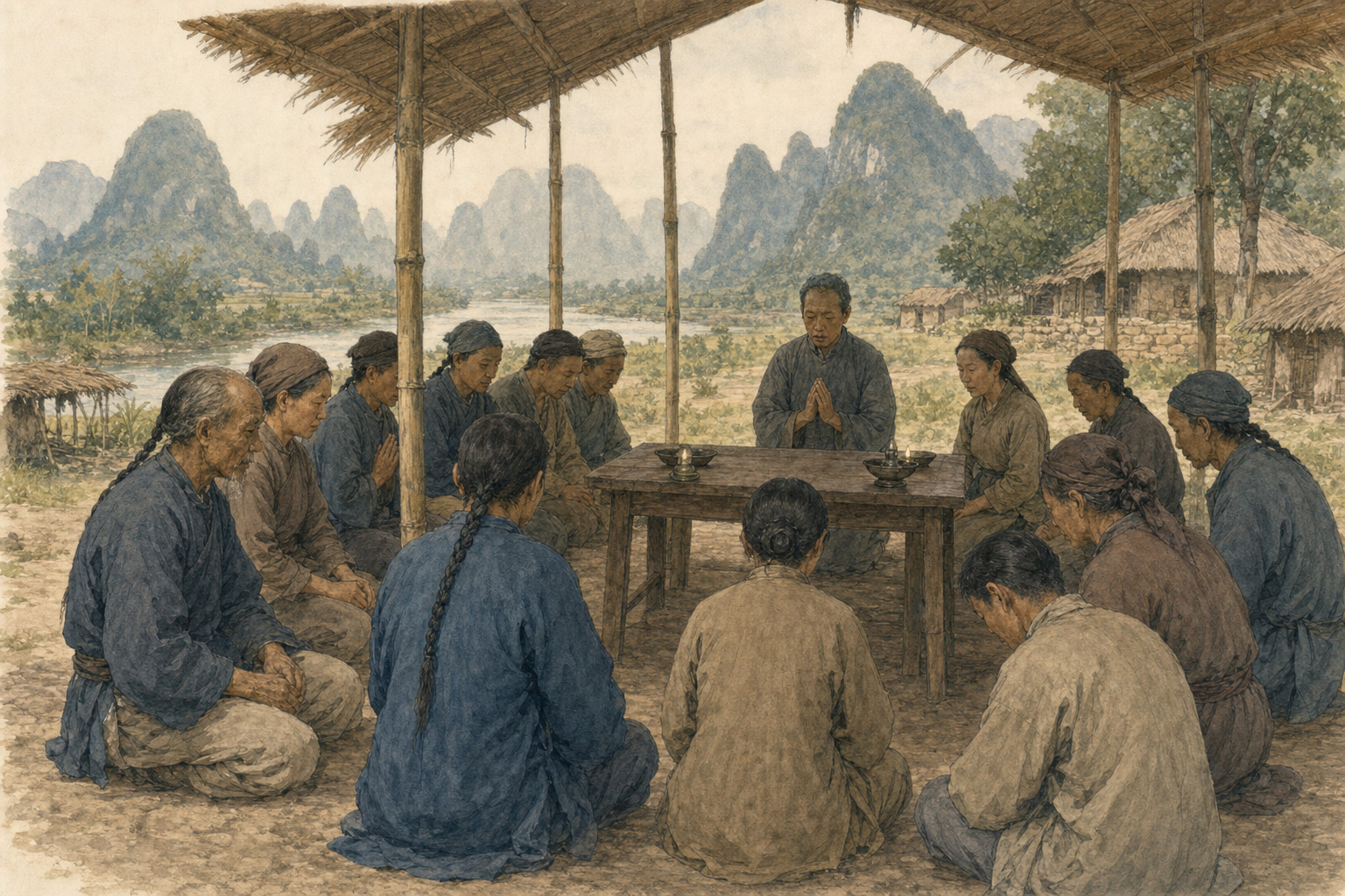 God Worshipping adherents pray around a plain table beneath a canopy in a rural Guangxi valley