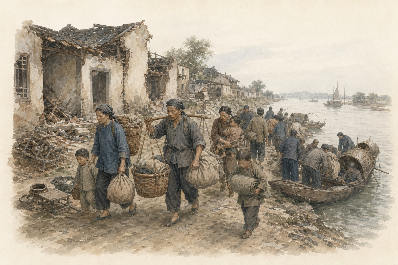 Families carry bedding, baskets, and children from damaged riverside homes toward waiting boats