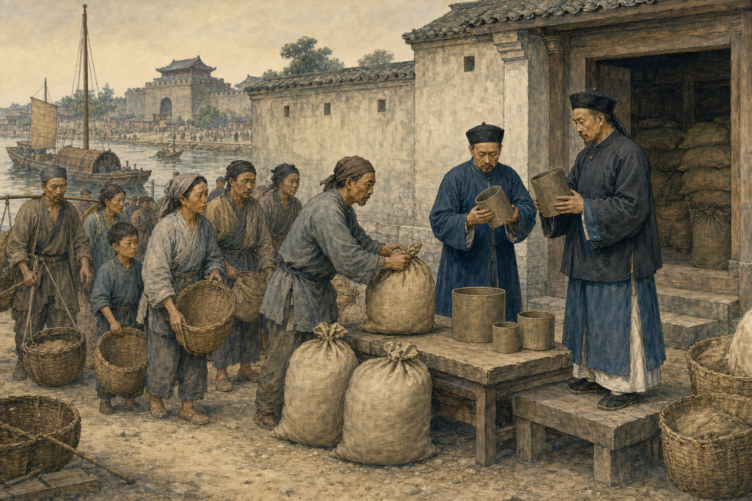 Residents present sacks of grain at a granary while Qing officials inspect plain measuring vessels