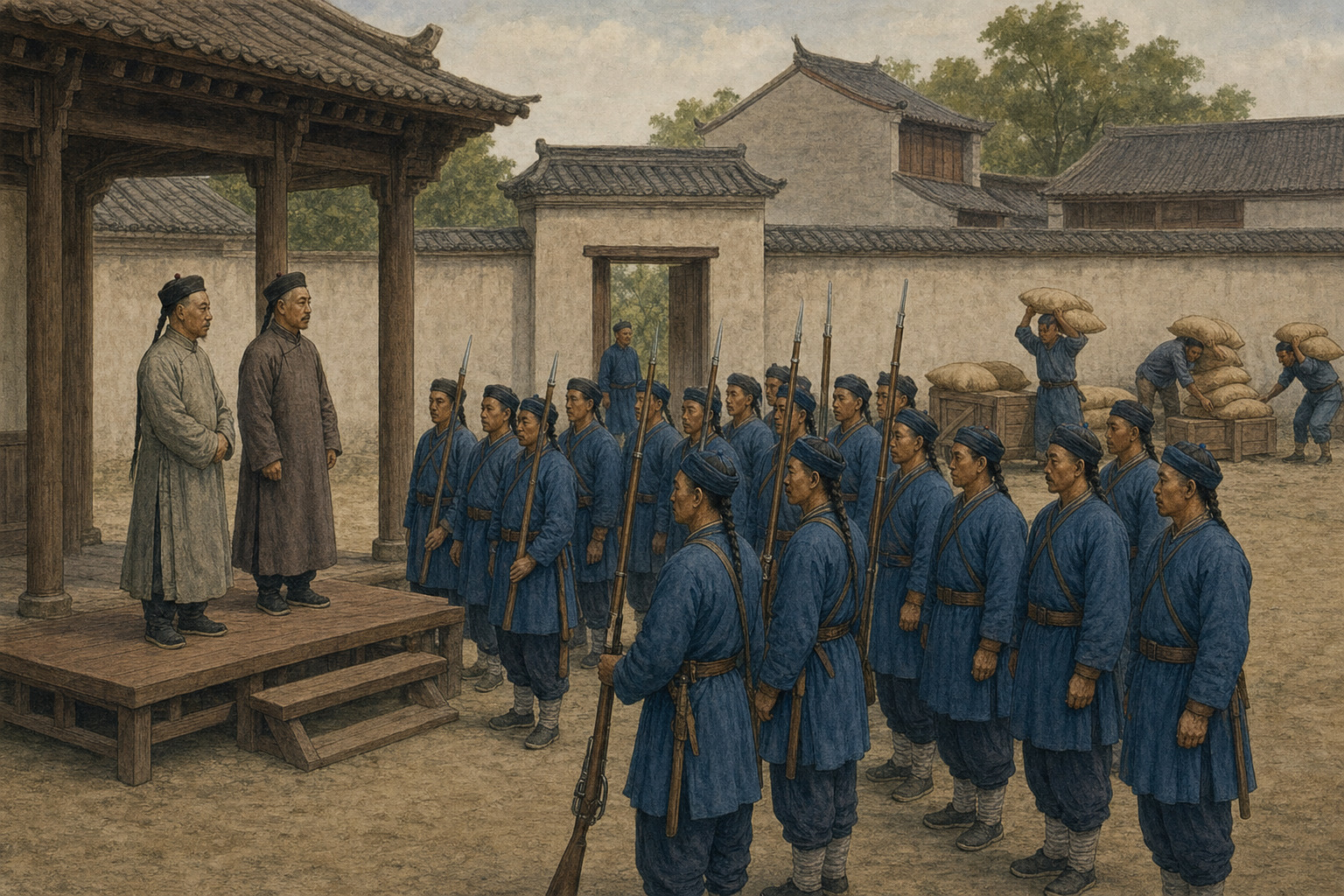 Provincial commanders inspect blue-clad regional troops in a walled courtyard as porters stack grain sacks