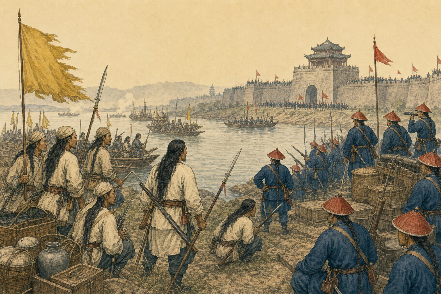 Long-haired Taiping troops face Qing soldiers in red conical hats across a river approach to Nanjing