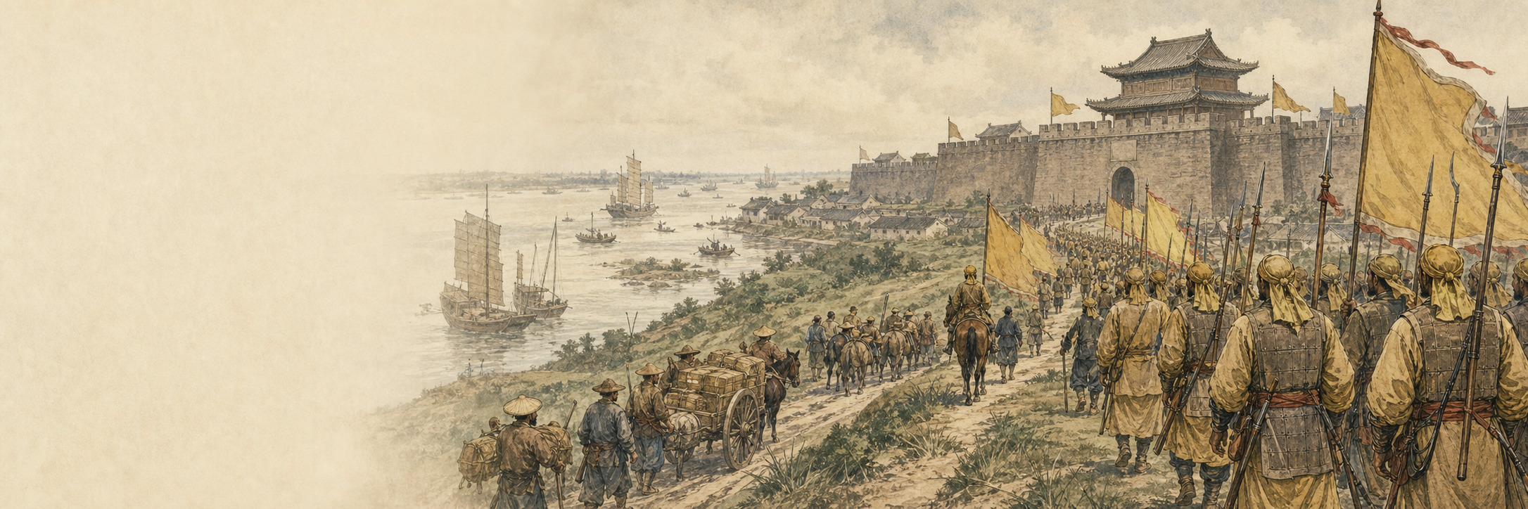 Taiping troops and supply carts march beside the Yangtze toward a walled city under plain yellow banners